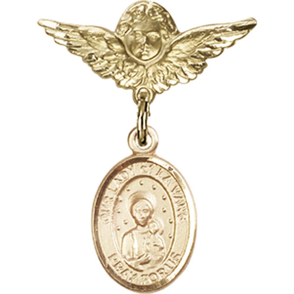 Gold Filled Baby Badge Pin with Our Lady of La Vang Charm & Angel Wings - 1 x 3/4 Inch - Religious Jewelry for Baptism, First Communion & Special Occasions