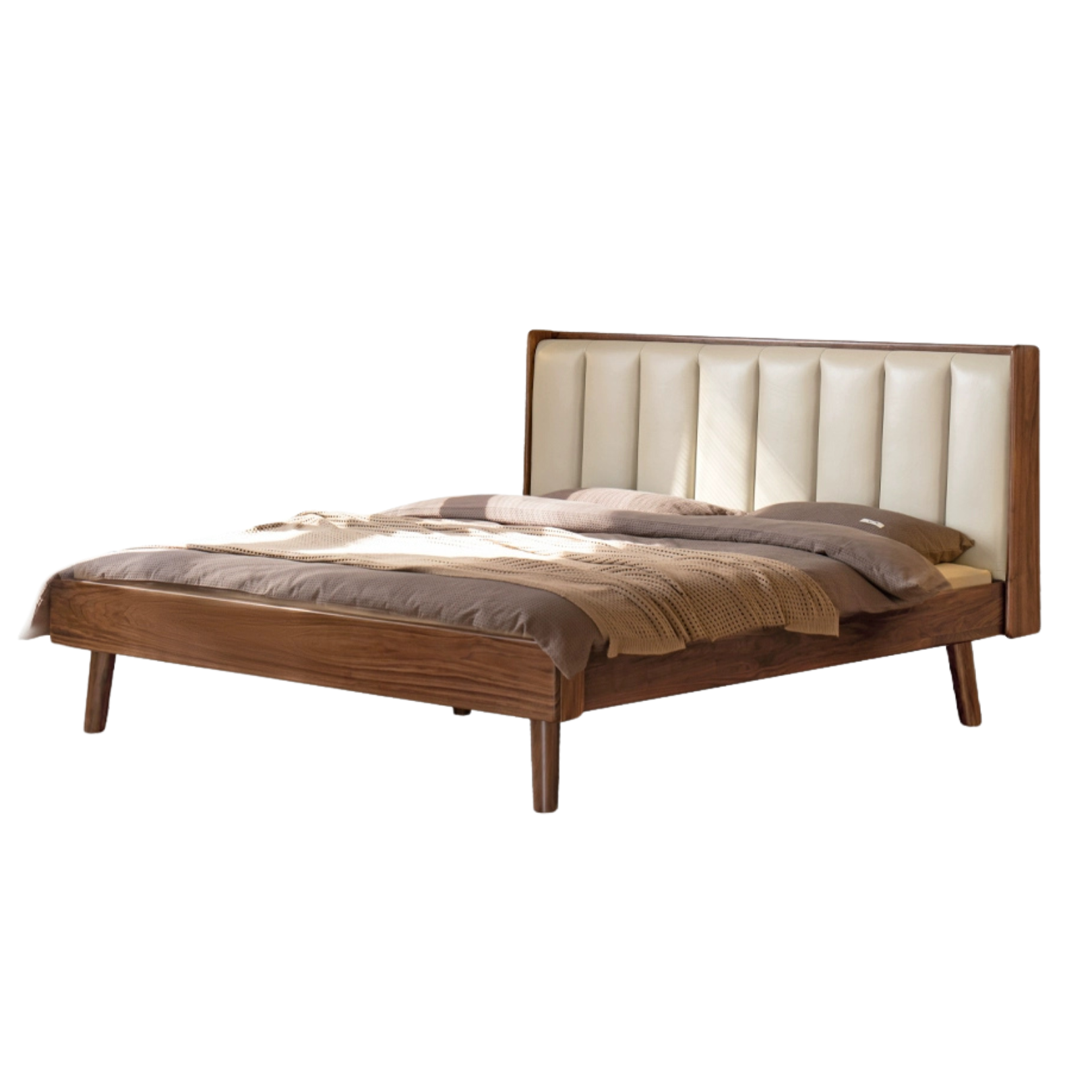 Premium Black Walnut Solid Wood Leather Upholstered Bed Frame with High Soft Back - Modern Bedroom Furniture for Master Suite, Guest Room & Luxury Apartments