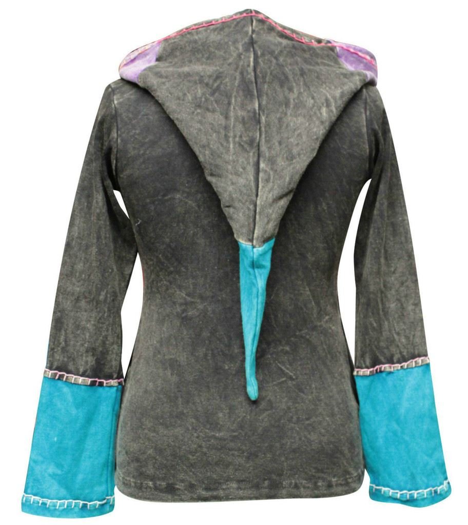 Women's Floral Hippie Goth Zip-Up Hooded Winter Jacket - Boho Sun Flame Print - Cozy Warm Outerwear for Casual Wear, Music Festivals & Street Style