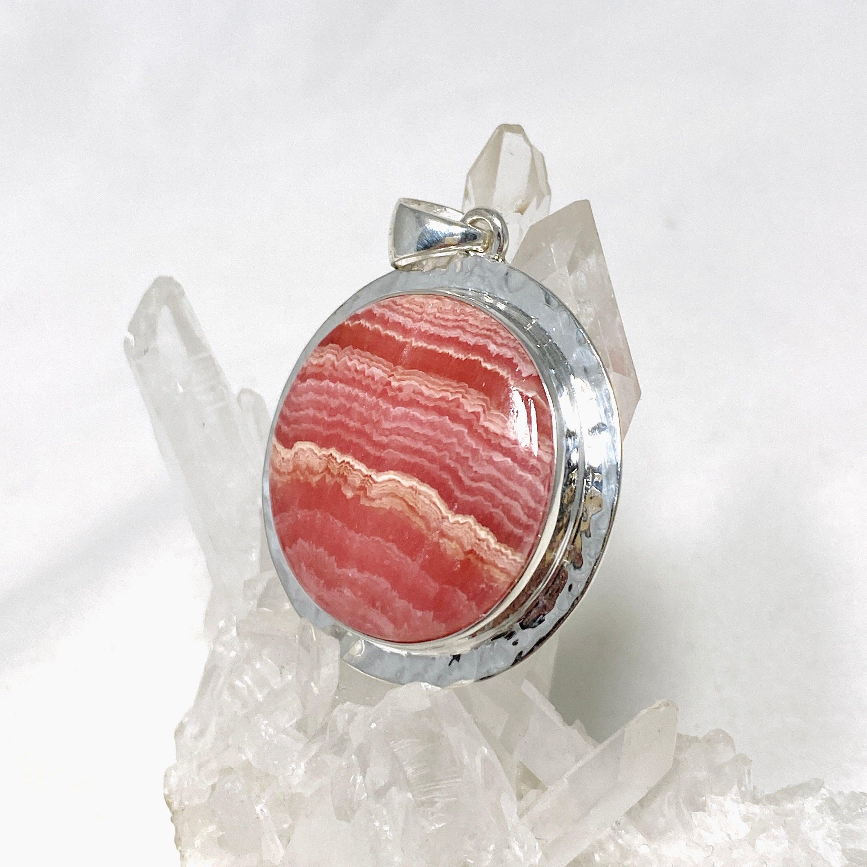 Rhodochrosite Round Pendant Necklace - Hammered Sterling Silver Setting KPGJ4321 | Healing Crystal Jewelry for Meditation & Energy Balancing