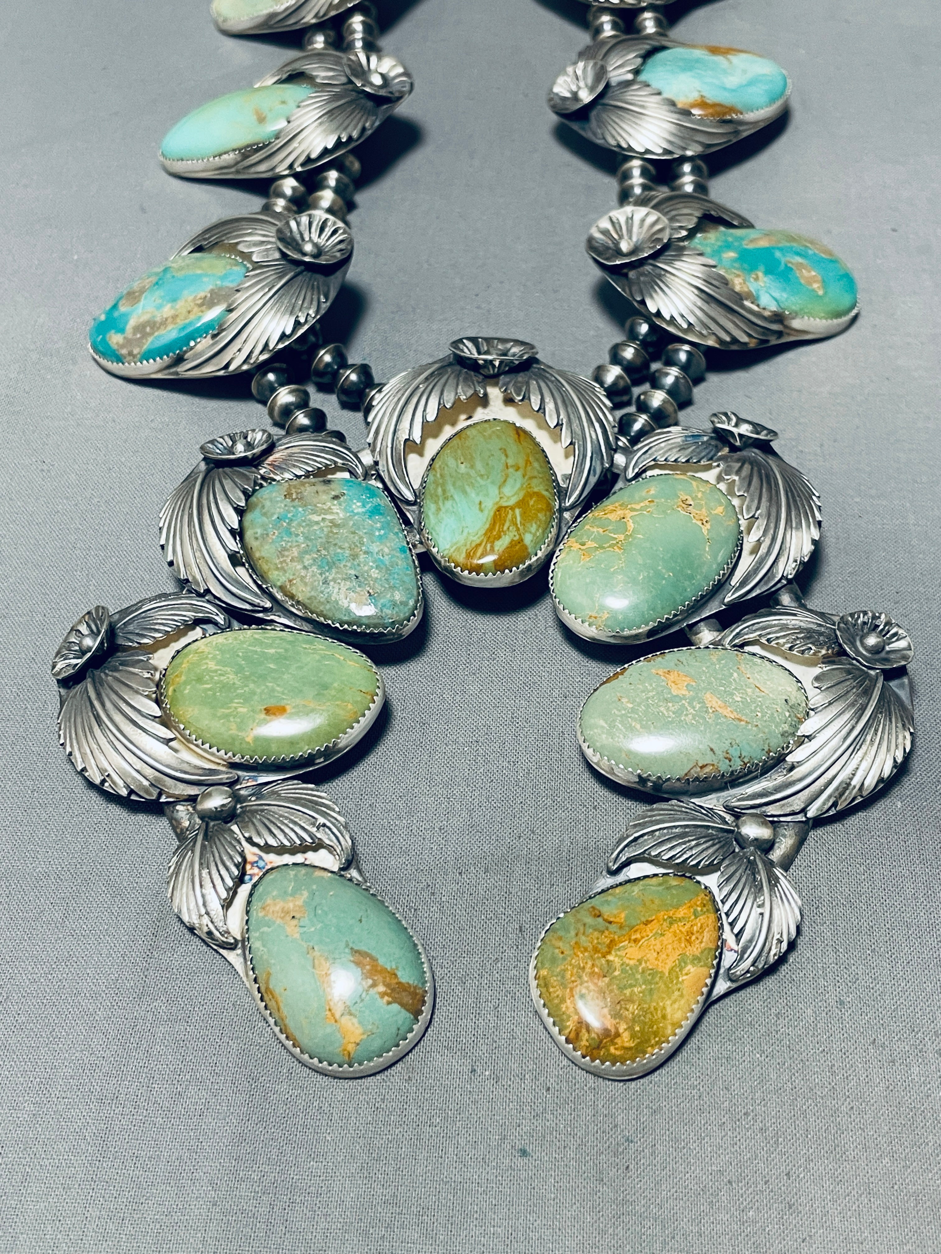 Authentic Navajo Sterling Silver Squash Blossom Necklace with Green Turquoise (406g) - Perfect for Southwest Style, Boho Fashion & Special Occasions