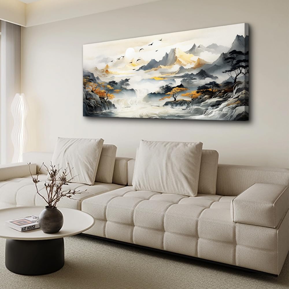 Hyidecorart Framed Canvas Wall Art - Large 24x48 Inch Modern Abstract Mountain Landscape Painting for Living Room, Office, Bedroom Decor | Home & Wall Decorations | Perfect for Housewarming Gifts & Interior Design