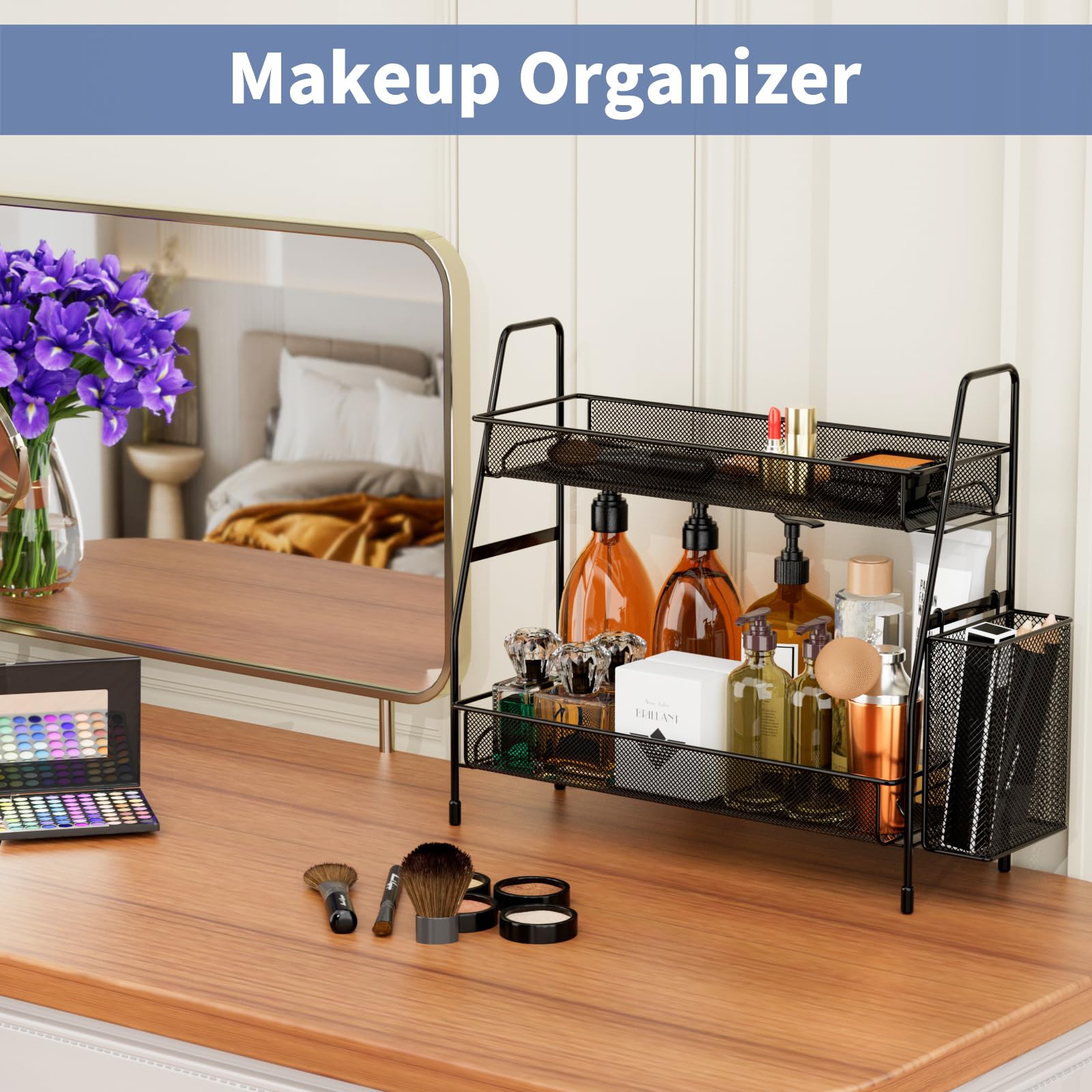 EKNITEY 2-Tier Metal Bathroom Countertop Organizer Shelf - Spice Rack & Makeup Organizer for Perfumes, Cosmetics | Perfect for Sink, Bedroom, Living Room, Kitchen & Office Storage Solutions