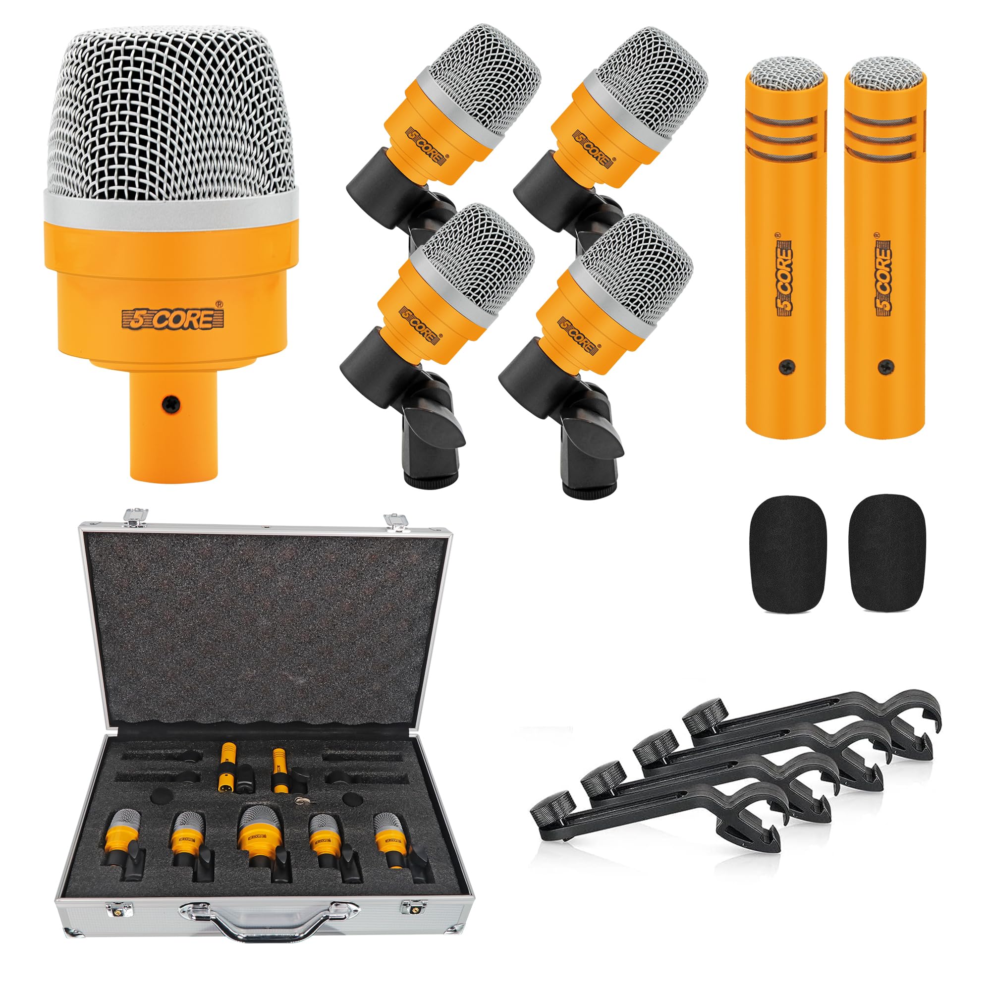 5-Piece Professional Drum Microphone Kit with XLR Dynamic Mics for Kick, Snare, Toms & Cymbals - Studio & Live Performance Recording for Drummers (Yellow) - Perfect for Home Studios, Stage Performances, and Band Rehearsals