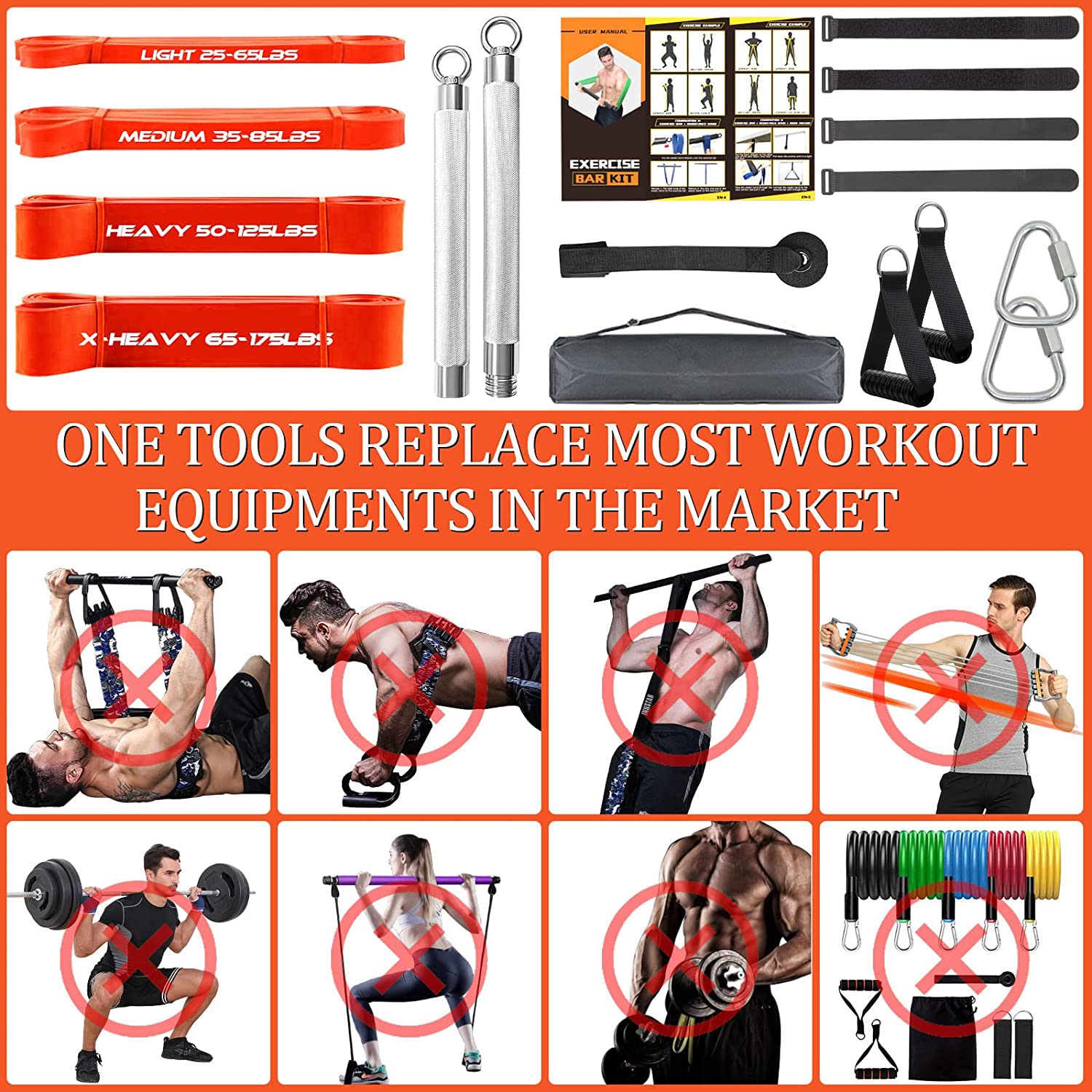 Premium Heavy Duty Home Gym Resistance Band Bar Set - 4 Stackable Bands, Detachable Full Body Workout Equipment (500LBS Capacity) for Strength Training, Muscle Building & Home Fitness | Includes Workout Guide & Storage Bag | Perfect for Small Spaces, Travel & Apartment Workouts
