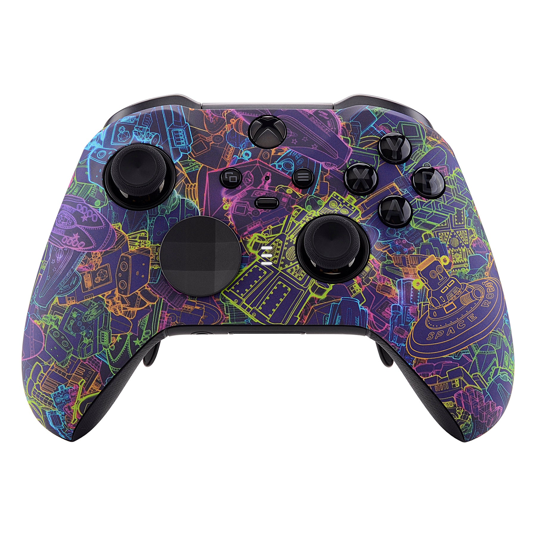 eXtremeRate Neon Novel Patterned Faceplate Cover - Soft Touch Front Housing Shell Case Replacement Kit for Xbox One Elite Series 2 Controller (Model 1797 & Core 1797) with Thumbstick Accent Rings - Perfect for Gaming, Customization & Controller Protection - ELT127