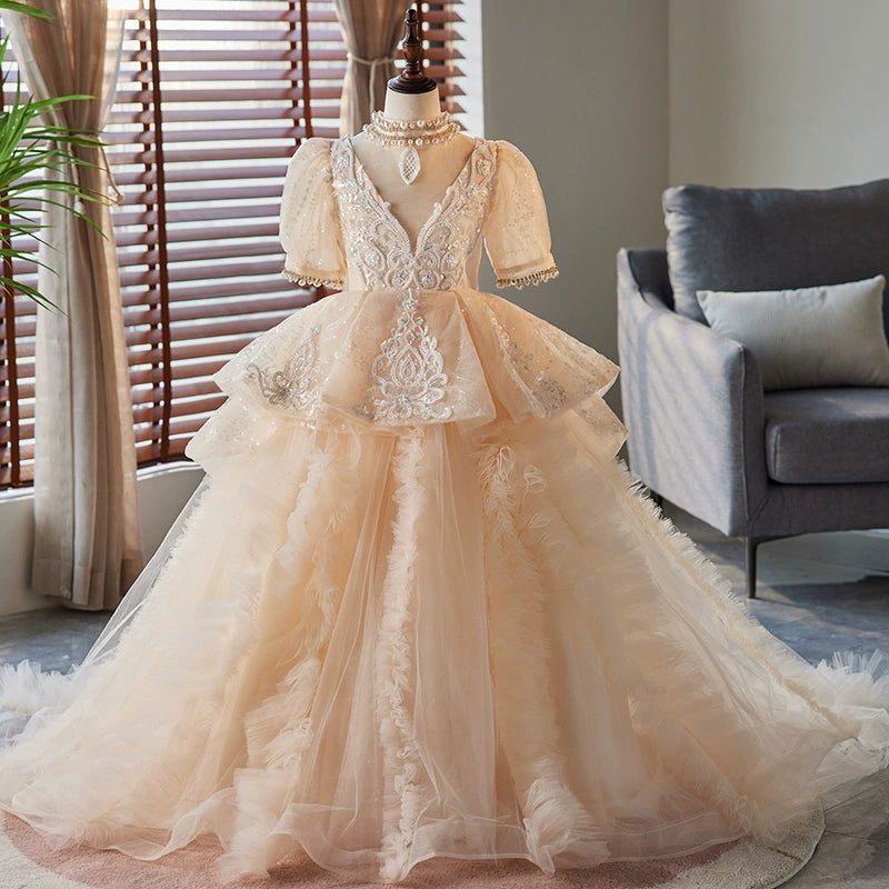 Champagne Organza Flower Girl Dress with Princess Design - Elegant Floor-Length Formal Gown for Weddings, Baptisms & Special Occasions