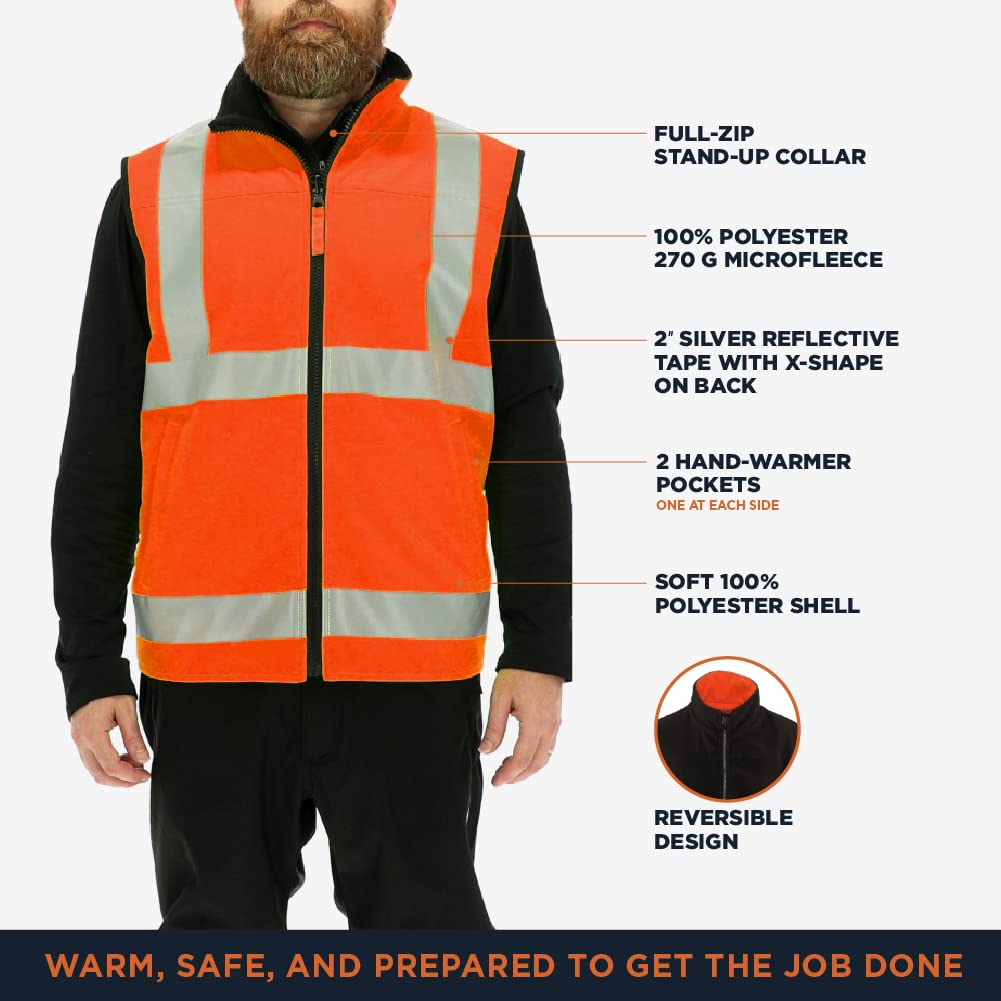 RefrigiWear Hi-Vis Reversible Softshell Safety Vest - ANSI Class 2 High Visibility Orange with Reflective Tape for Construction, Road Work & Outdoor Safety