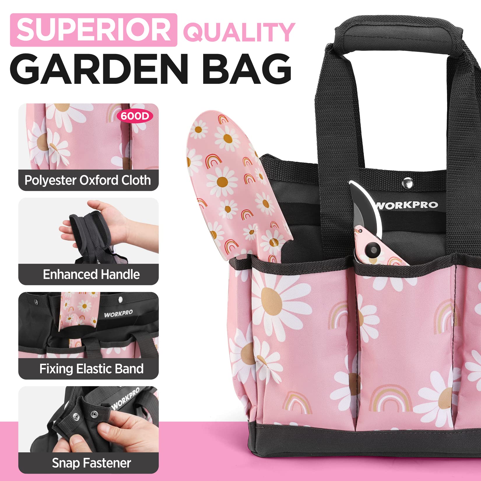 WORKPRO 5-Piece Heavy Duty Aluminum Gardening Tool Set with Storage Bag - Ergonomic Garden Tools for Planting, Weeding & Landscaping - Perfect Gardening Gifts for Women (Pink) - Ideal for Home Gardens, Flower Beds & Outdoor Yard Work