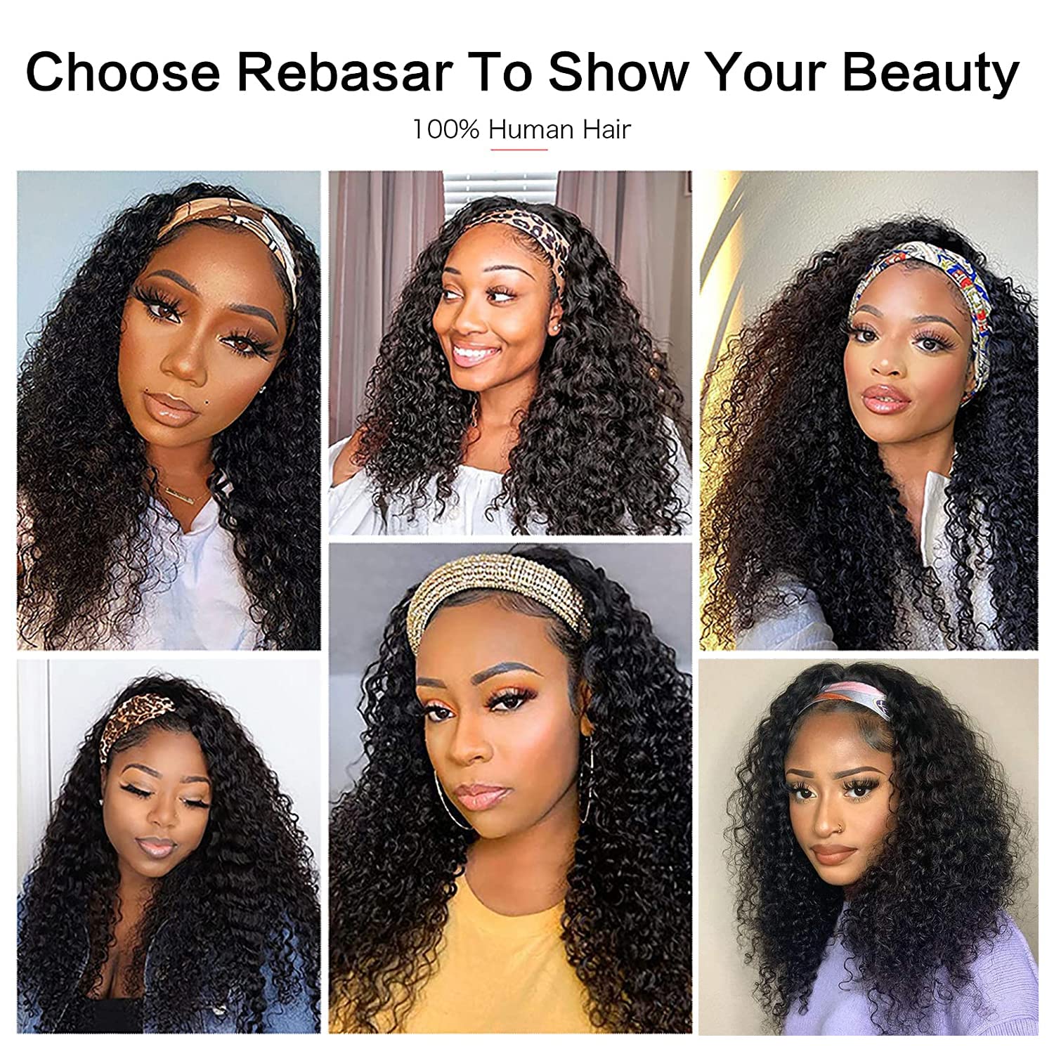 Rebasar 22 Inch Human Hair Wigs for Black Women - Glueless Deep Wave Headband Wig with No Lace Front, Natural Black Color Half Wig - Perfect for Daily Wear, Parties, and Special Occasions