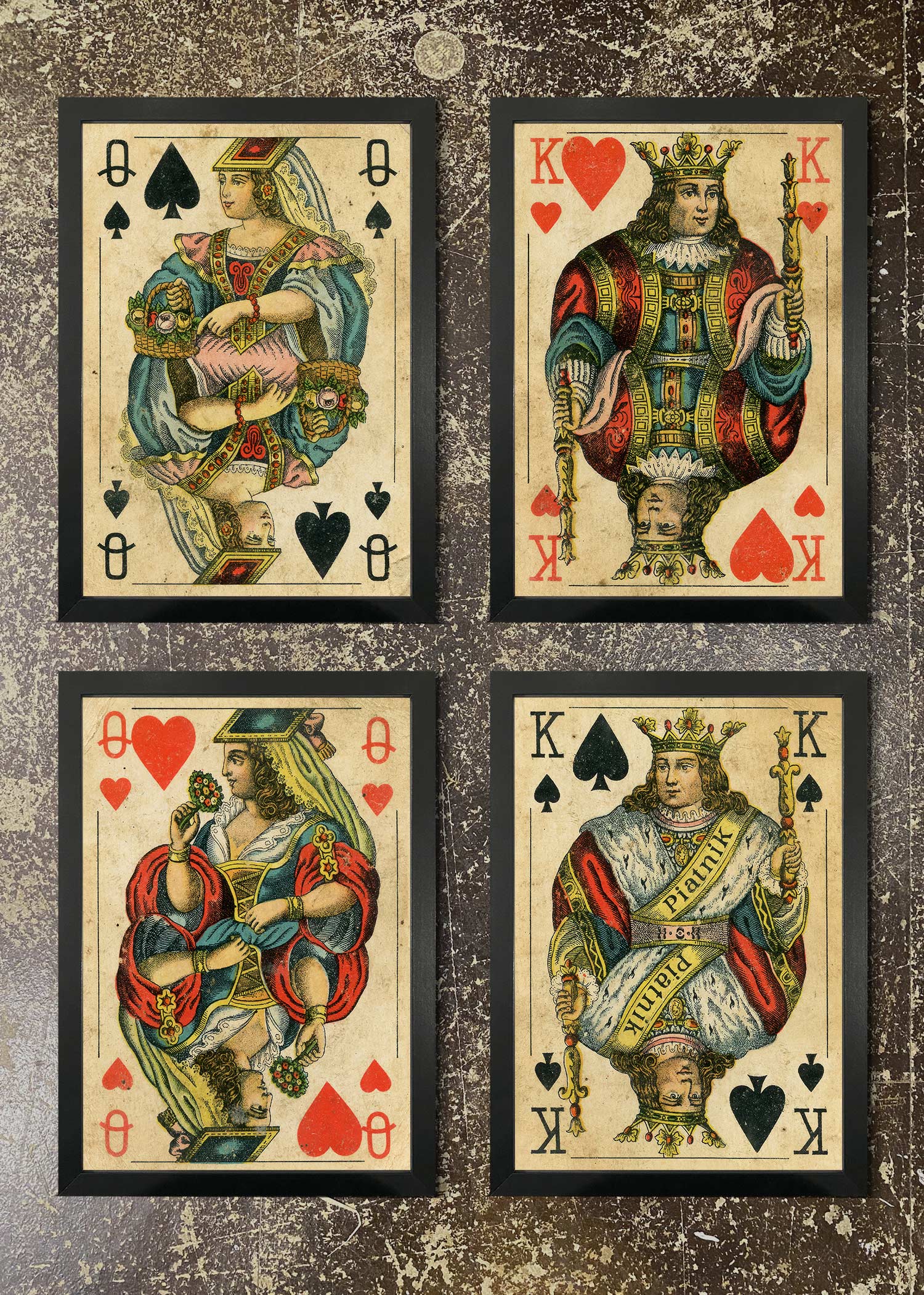 4 Premium Playing Card Prints & Frames Set - Classic Card Game Wall Art Decor for Poker Night, Game Room, and Home Bar Decorations