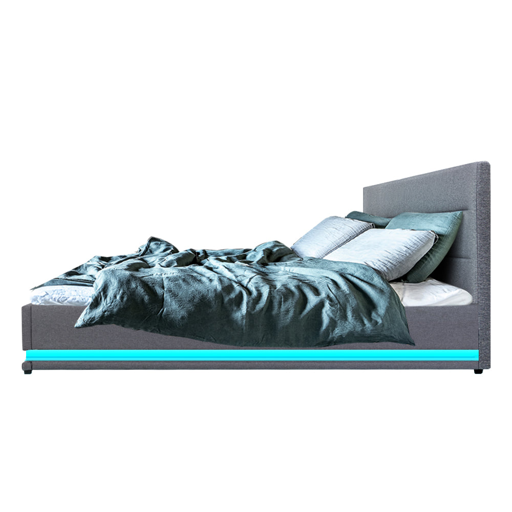 Henley Queen Size Gas Lift Storage Bed Frame with LED Lights - Grey Upholstered Platform Bed for Modern Bedroom, Guest Room, or Small Space