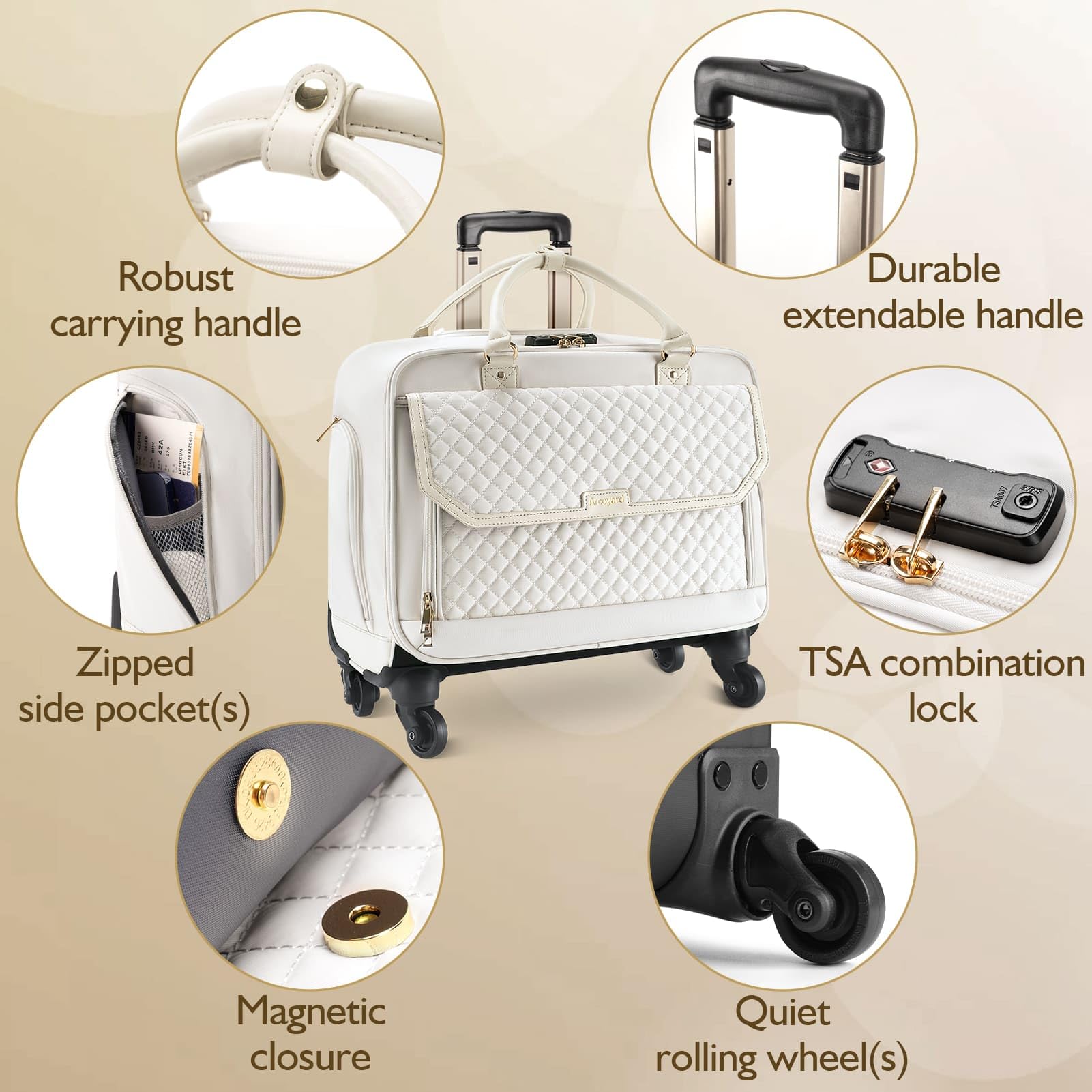 Rolling Laptop Briefcase with 4 Spinner Wheels - TSA Friendly Carry On Computer Bag for Work & Travel - Durable Roller Bag for Women & Men in Beige - Perfect for Business Trips, Commuting & Air Travel