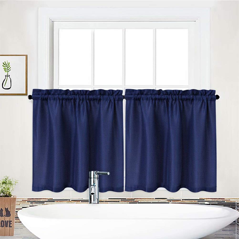 Waterproof Waffle Woven Half Window Curtains for Bathroom & Kitchen - Navy Blue Set of 2 (30