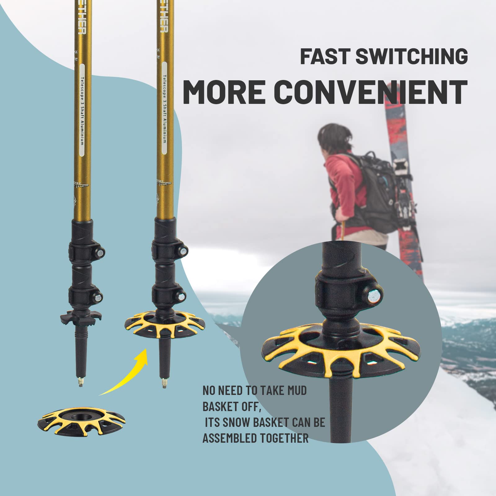 Adjustable Aluminum Trekking Poles - Lightweight Hiking Sticks with Quick Lock System, Ergonomic Handle & Padded Strap - Includes Snow Baskets - Perfect for Mountain Hiking, Backpacking & Outdoor Adventures