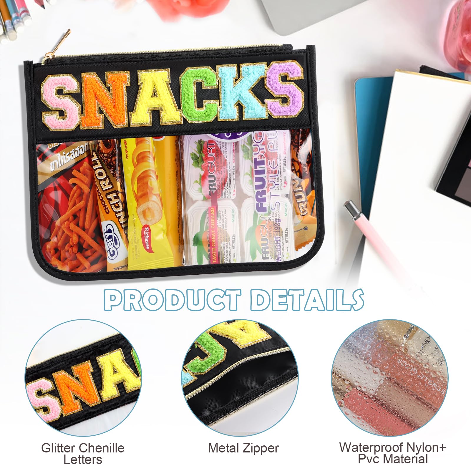 Clear Snack Bag with Chenille Letter & Zipper - Travel-Friendly Nylon Pouch for Snacks, Cosmetics & Toiletries | Perfect for Women's Travel, Gym, School & Daily Organization (Black)