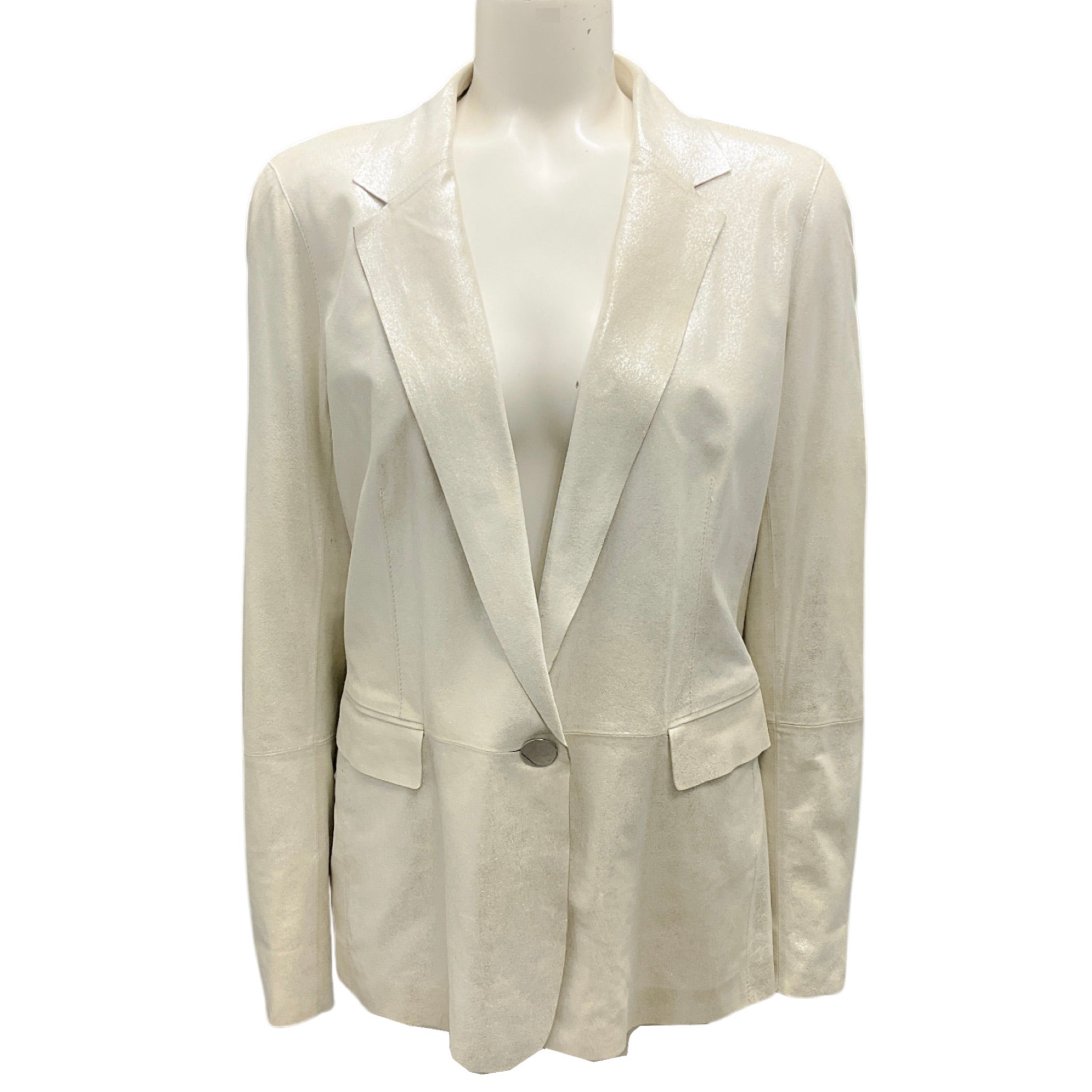 Lafayette 148 New York Women's Silver One Button Goat Suede Jacket | Soft Leather Blazer for Work & Evening Wear | Office Outfits & Special Occasions