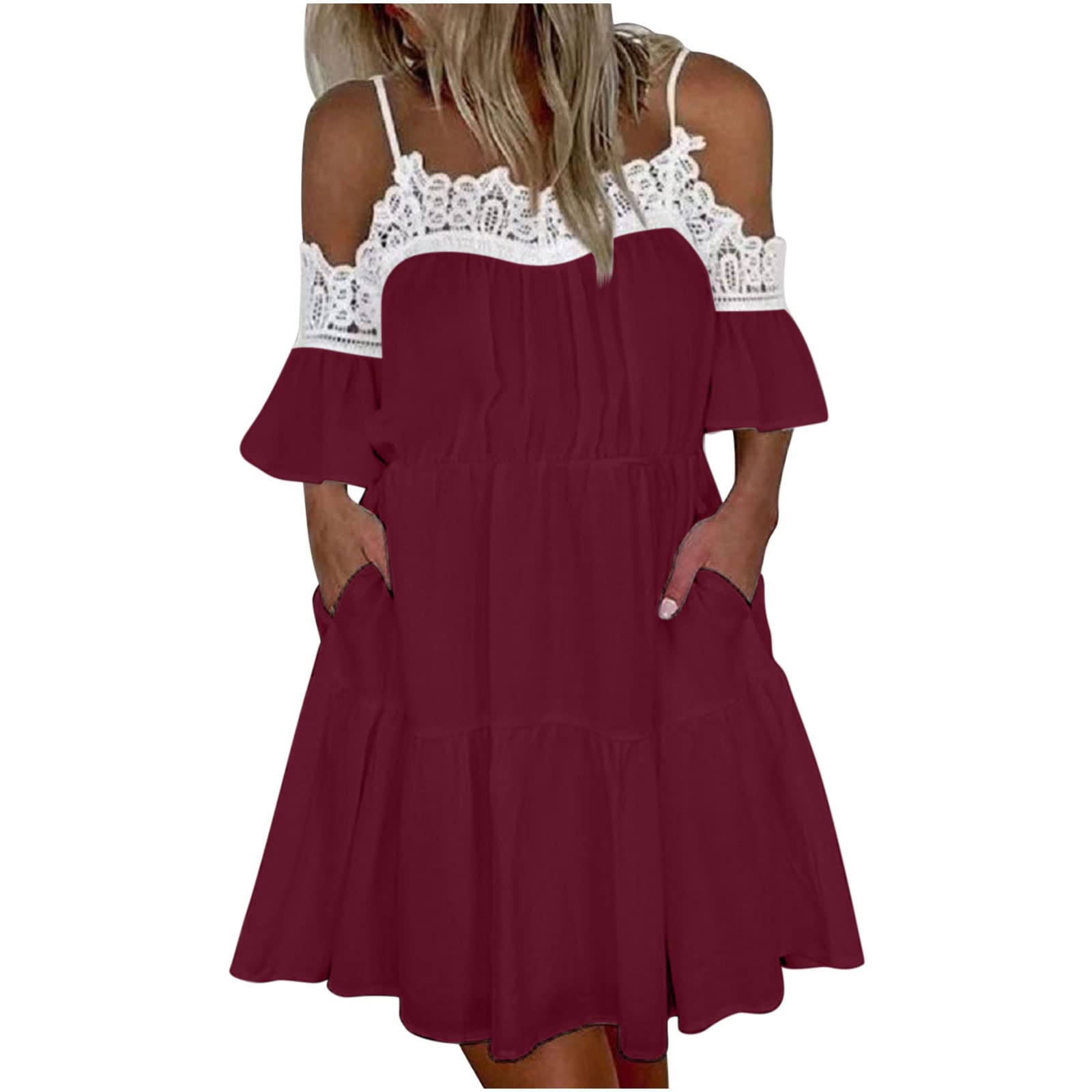 Women's Off-the-Shoulder Lace-Paneled A-Line Midi Sun Dress - Elegant Summer Beach Dress for Women, Perfect for Vacations, Weddings & Outdoor Parties