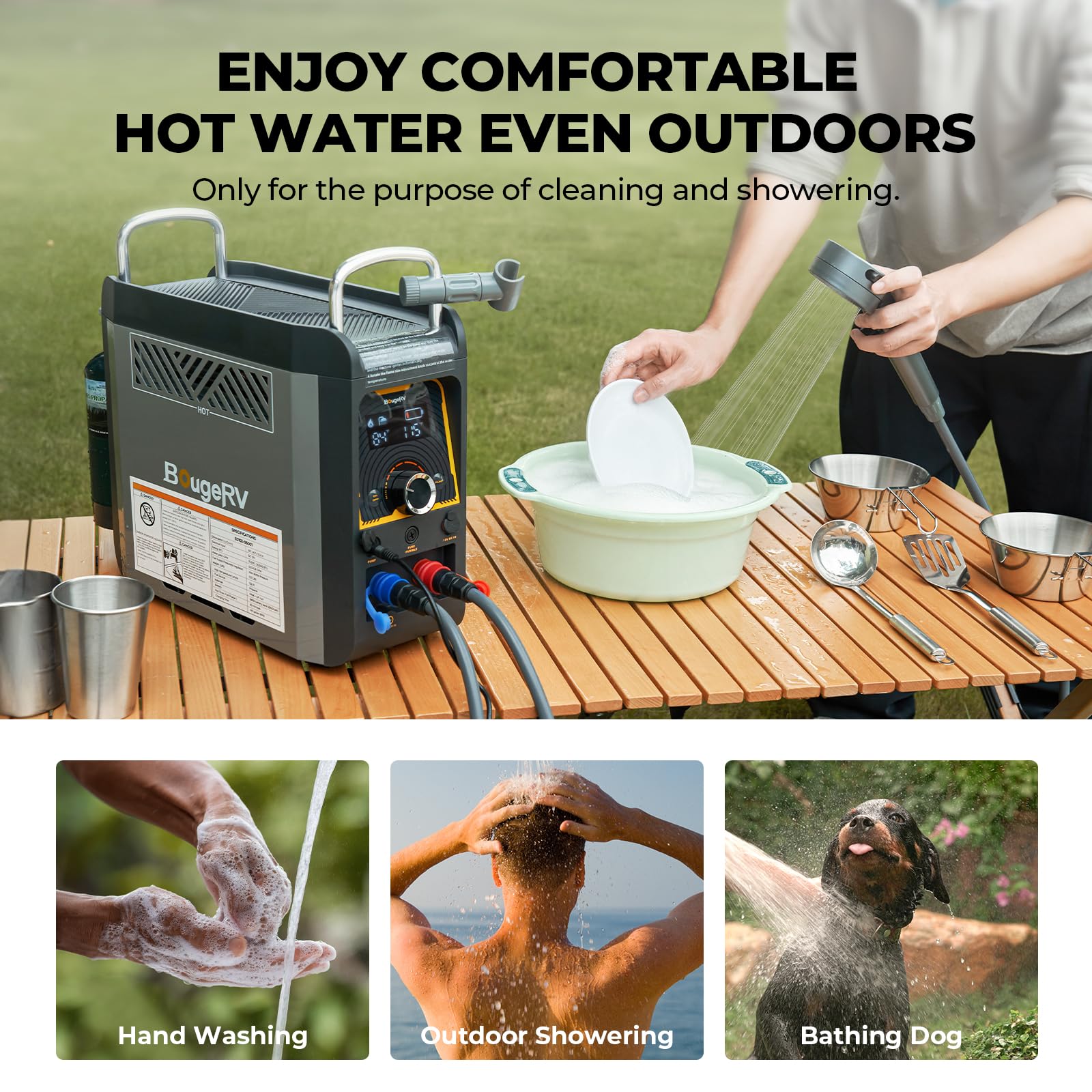 BougeRV Portable Propane Water Heater with Water Pump & Showerhead - Instant Hot Water System with Built-in Battery for Camping, RV, Outdoor Showers & Cleaning - Overheating Protection - Perfect for Off-Grid Living, Hunting Trips & Emergency Preparedness
