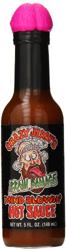 Crazy Jerry's Brain Damage Hot Sauce - 5oz Bottle with Plastic Brain Topper | Extreme Spicy Ghost Pepper Sauce for Wings, Tacos & Bloody Marys | Perfect Hot Sauce Gift for Chili Lovers