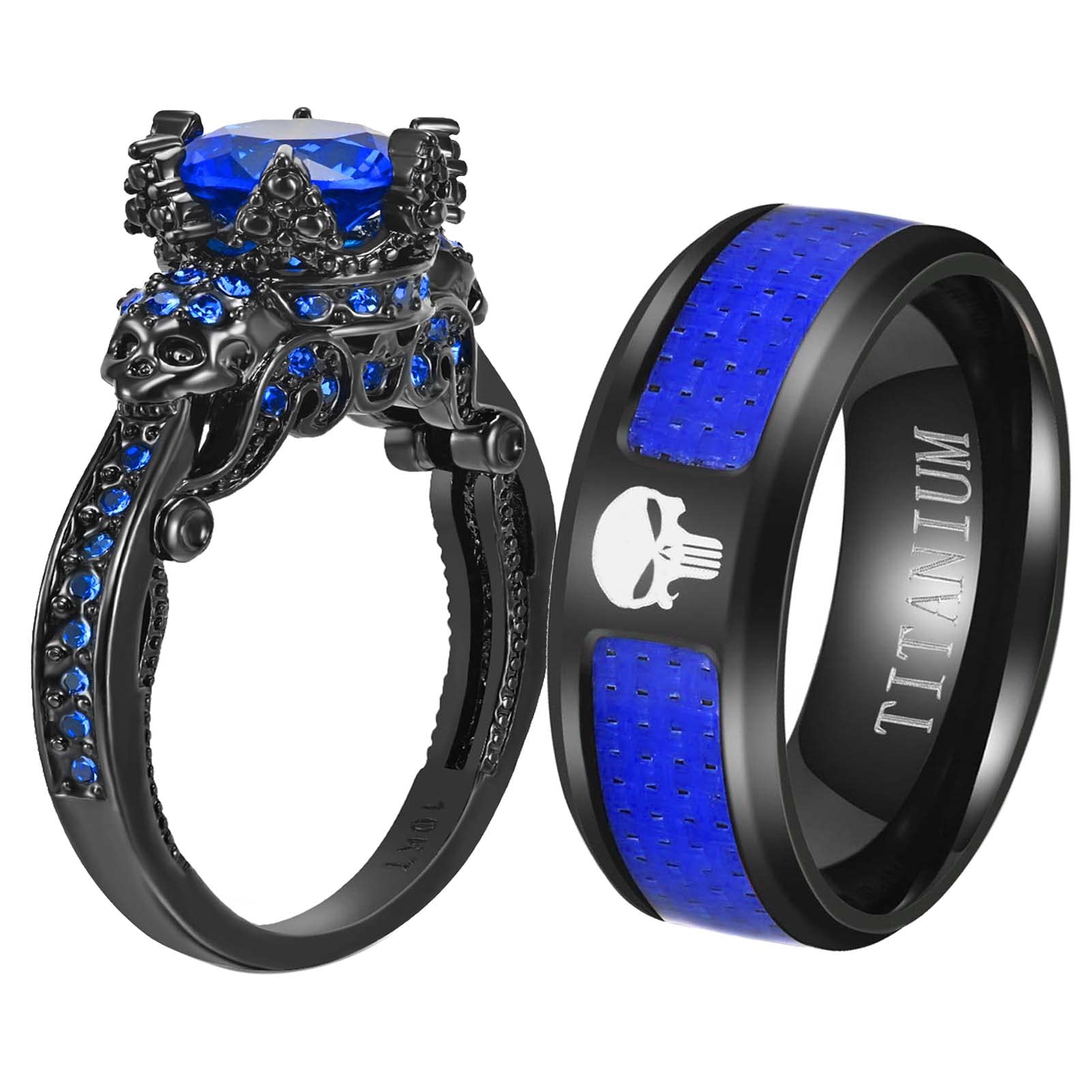 Matching Couple Rings for Him and Her - Skull Design with Green CZ Stones - Wedding Band Sets - Perfect for Anniversaries, Engagements & Gothic Style Jewelry Lovers