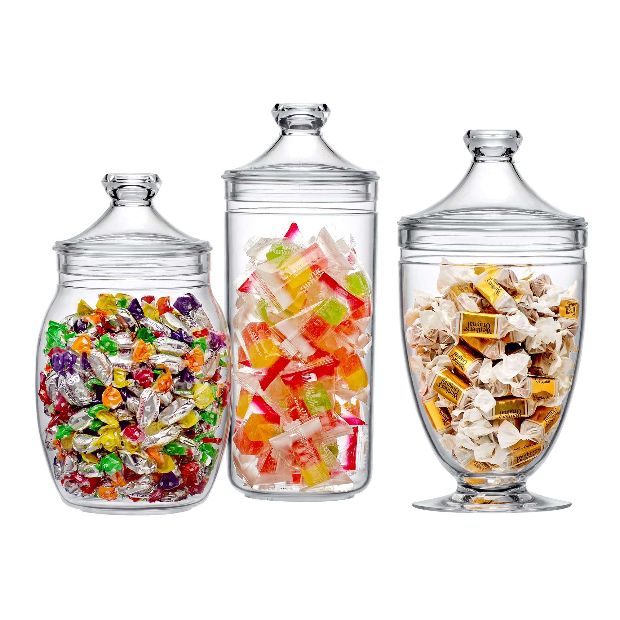 Amazing Abby - Adore - 3-Piece Plastic Apothecary Jars Set (52/46/46 oz) with Lids, BPA-Free Shatter-Proof Acrylic Canisters for Bathroom Storage, Candy Buffet, Wedding Decor, Kitchen Pantry & Home Organization
