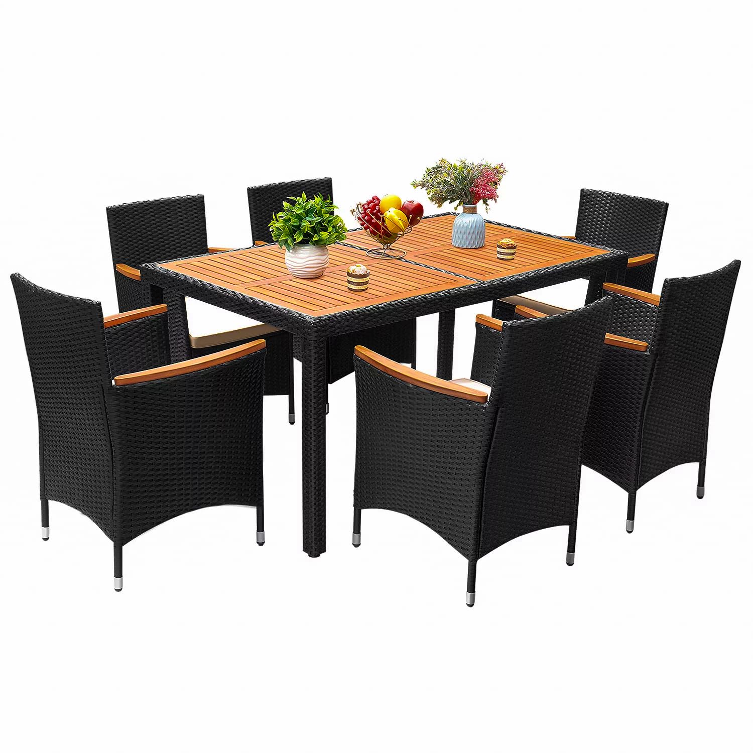 Premium 7-Piece Acacia Wood Patio Dining Set with Soft Cushions - Outdoor Wicker Furniture for Deck, Backyard, Garden - Perfect for Al Fresco Dining, BBQs & Outdoor Entertaining
