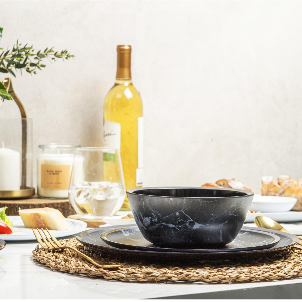 12-Piece Marble Melamine Plate and Bowl Set - Durable Black Dinnerware for Indoor & Outdoor Dining, Picnics, and Parties