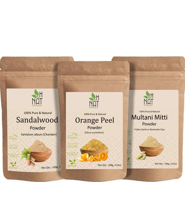 Natural Sandalwood Powder (100g) + Orange Peel Powder (100g) + Multani Mitti Clay (100g) - 3-in-1 Herbal Face Mask Combo for Skin Whitening & Glowing Skin | DIY Beauty Treatment for Acne, Dark Spots & Oil Control