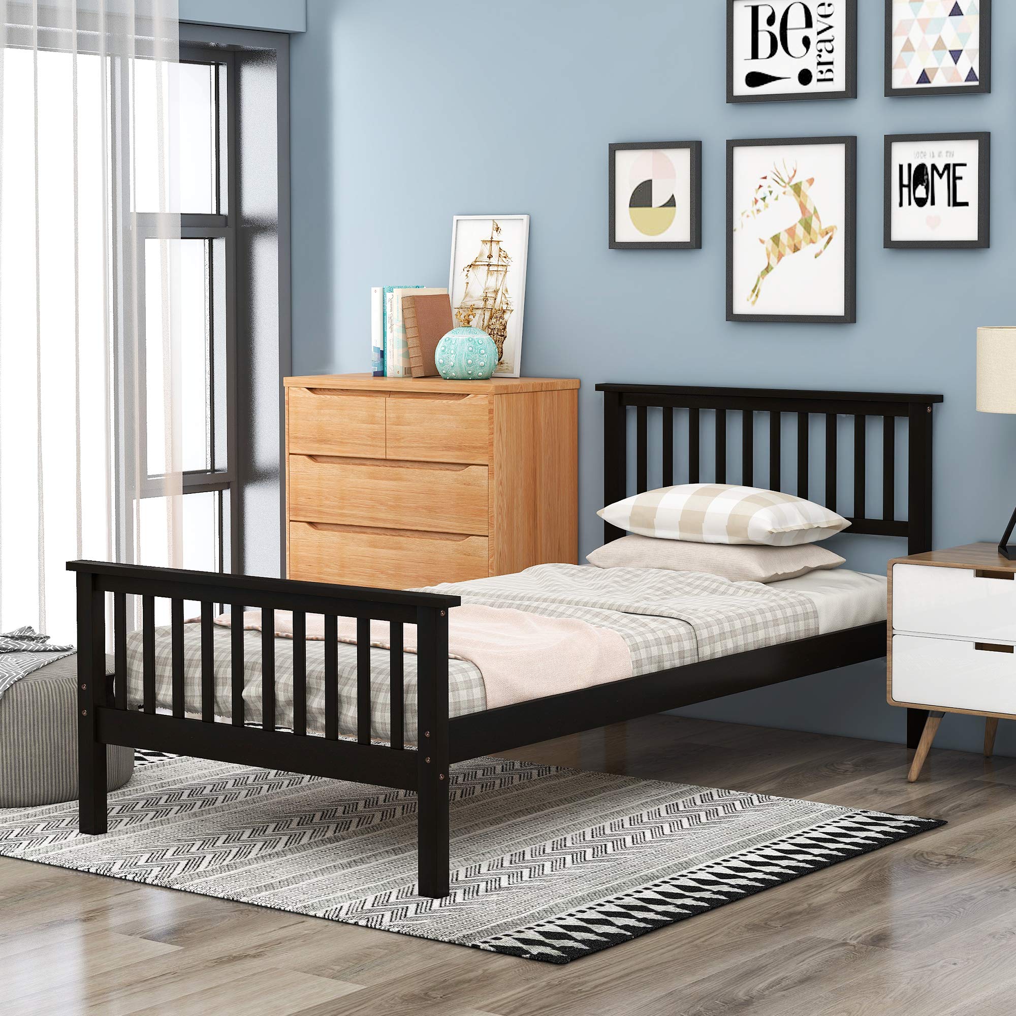 Merax Twin Size Platform Bed Frame with Headboard & Footboard - Wood Slat Support, No Box Spring Needed - Espresso Finish - Perfect for Small Bedrooms, Guest Rooms & Dorm Rooms
