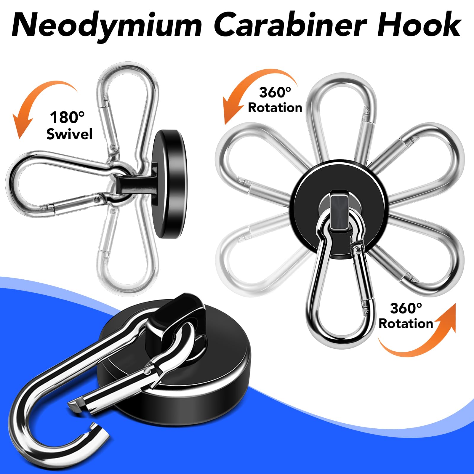 LOVIMAG 70LBS Heavy Duty Neodymium Magnetic Hooks with Carabiner & Swivel - 12 Pack Black for Kitchen, Refrigerator, Grill, Cruise, Hanging & Home Organization