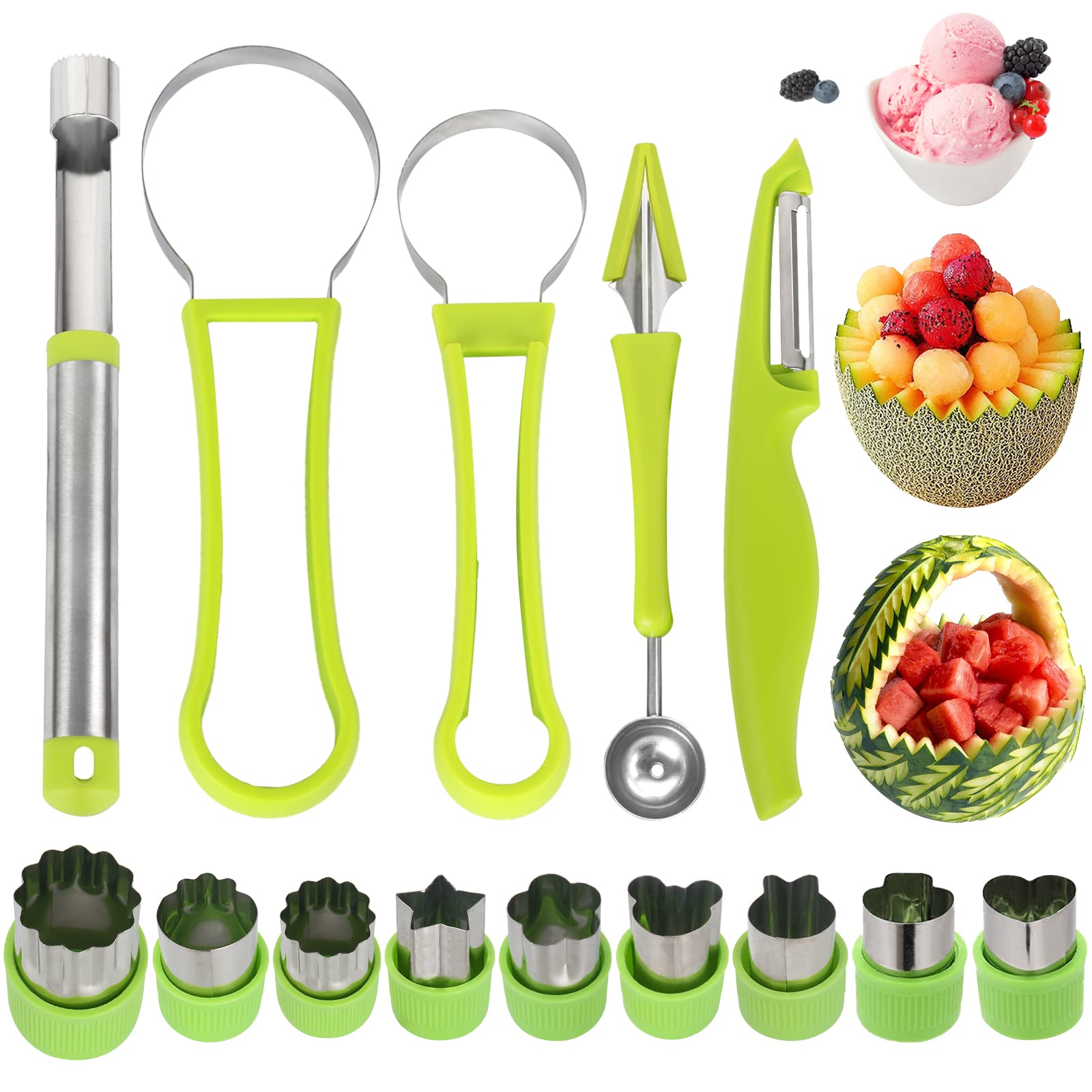 14-Piece Stainless Steel Melon Baller Scoop Set - 4-in-1 Fruit & Vegetable Tool Kit with Seed Remover, Peeler, Cutter & Pulp Separator - Perfect for Fruit Salad, Cocktail Garnishes & Kitchen Prep