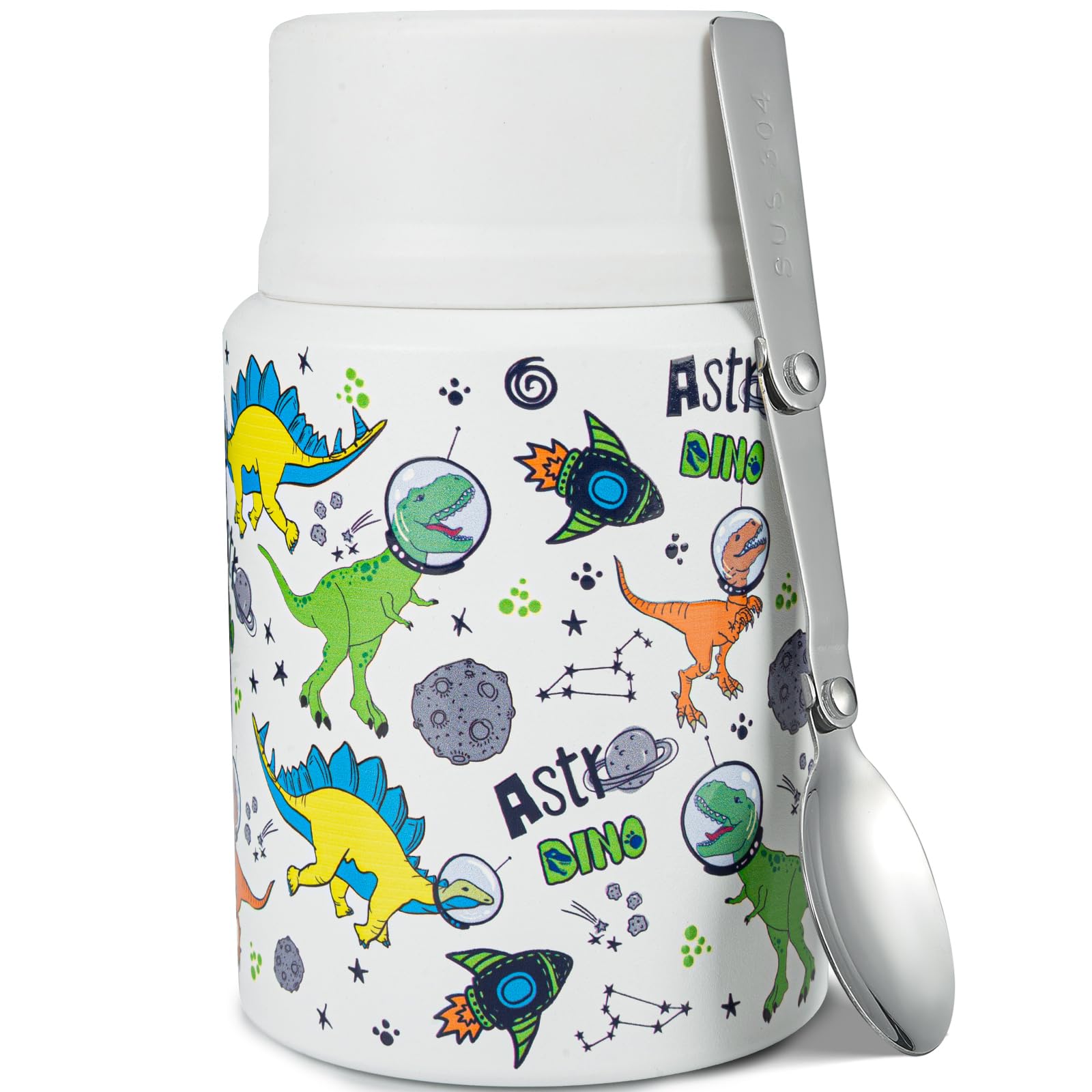 Charcy 17oz Kids Insulated Thermos for Hot & Cold Food - Leak Proof Stainless Steel Soup Thermo with Folding Spoon, Perfect for School Lunch, Picnics & Travel - White Dinosaur Design