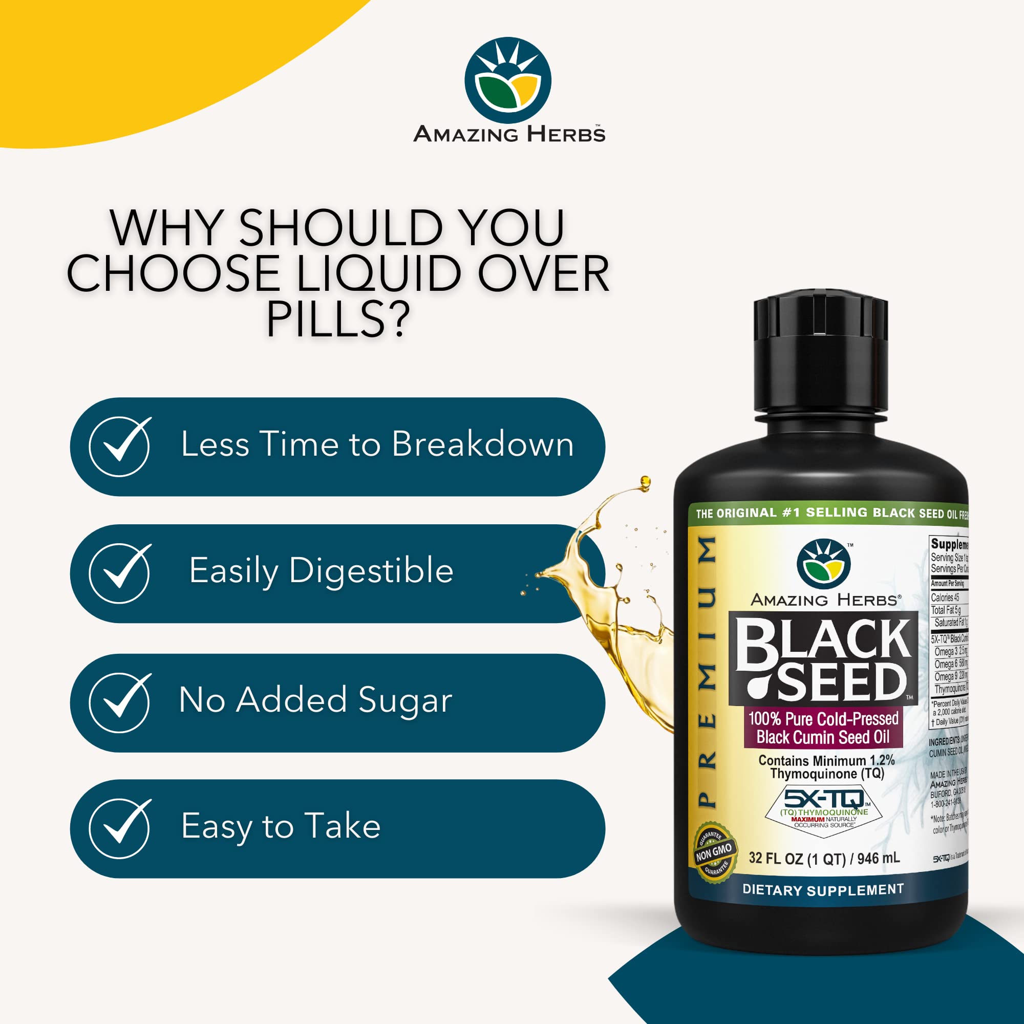 Premium Cold-Pressed Black Seed Oil (Nigella Sativa) - 32 Fl Oz for Digestive Health, Immune Support, Brain Function & Joint Mobility | Gluten-Free, Non-GMO | Perfect for Daily Wellness & Natural Remedies