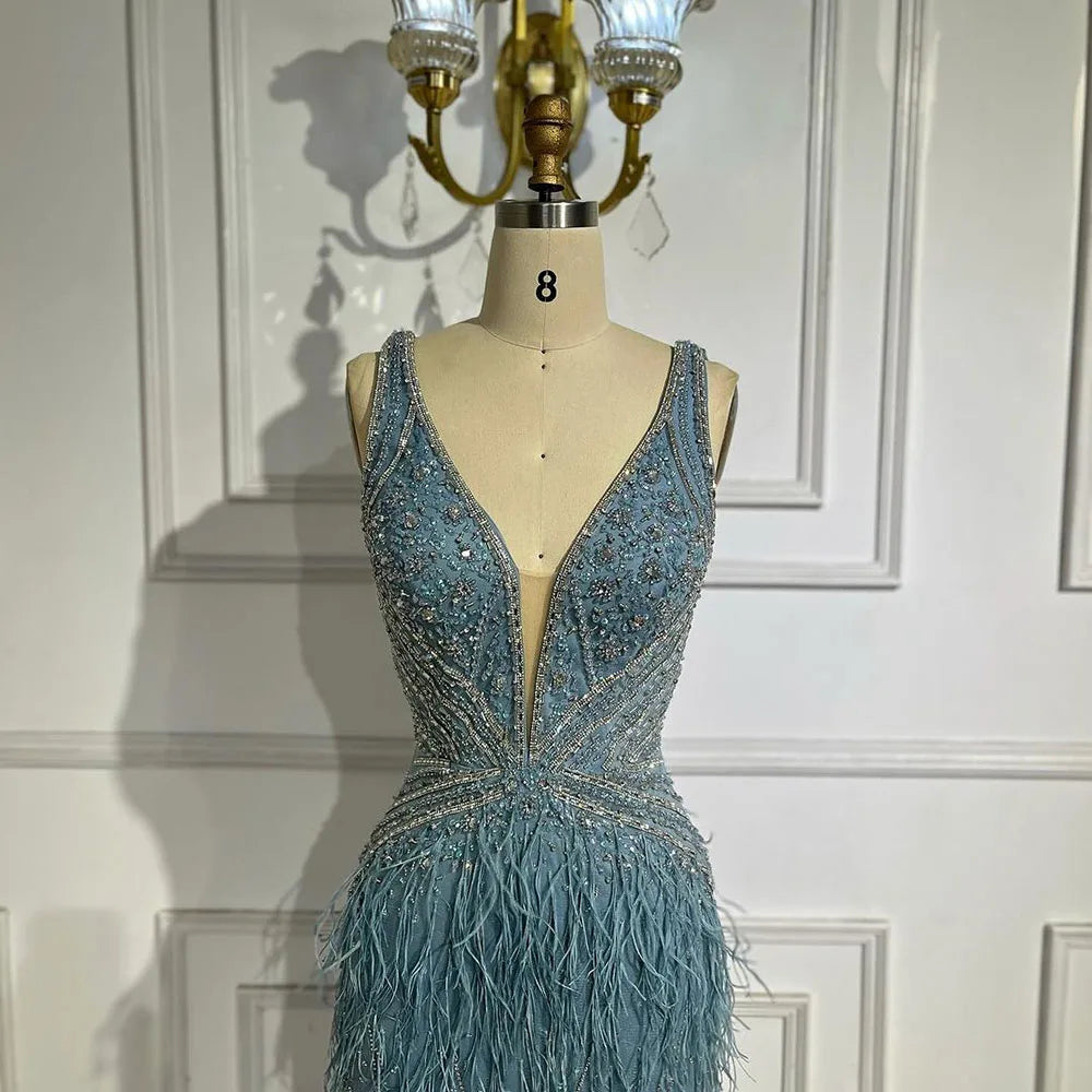 Elegant Gold Mermaid Evening Dress with High Slit & Feather Details - Backless Beaded Gown for Women - Perfect for Prom, Gala, and Red Carpet Events