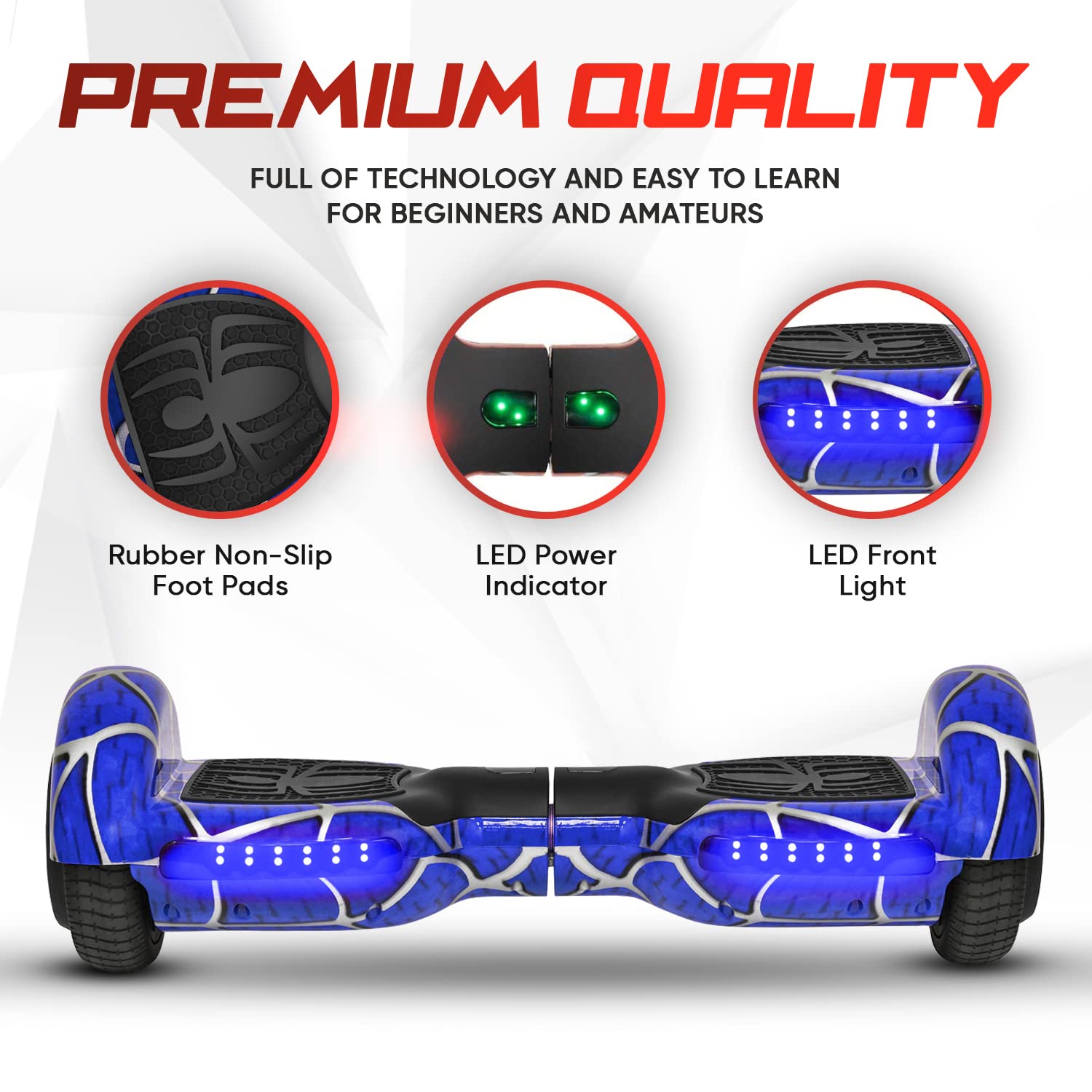 Spider-Pattern Hoverboard for Kids Ages 6-12 with Bluetooth Speaker & LED Lights - 6.5