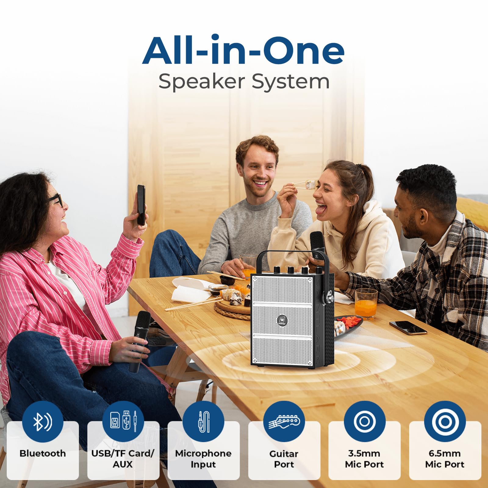 100W Powerful Portable PA Speaker System with 2 Wireless Microphones - Bluetooth 5.0, USB/TF/Aux Input, Karaoke Machine & Guitar Support - Ideal for Outdoor Events, Parties, Public Speaking and Home Karaoke