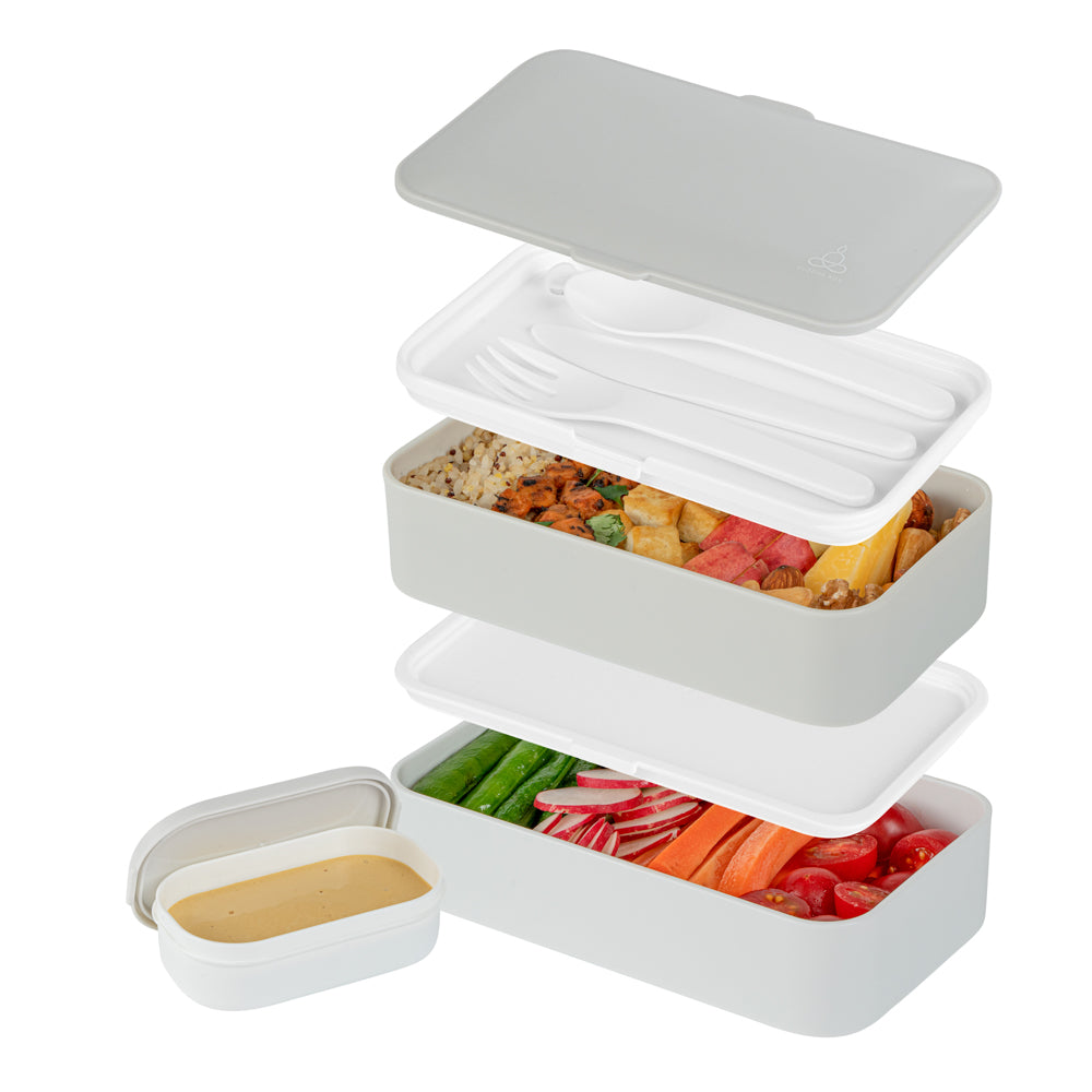 Bento Tek 41 oz Gray & White Buddha Box - All-in-One Lunch Container with Utensils & Sauce Cup (7.25