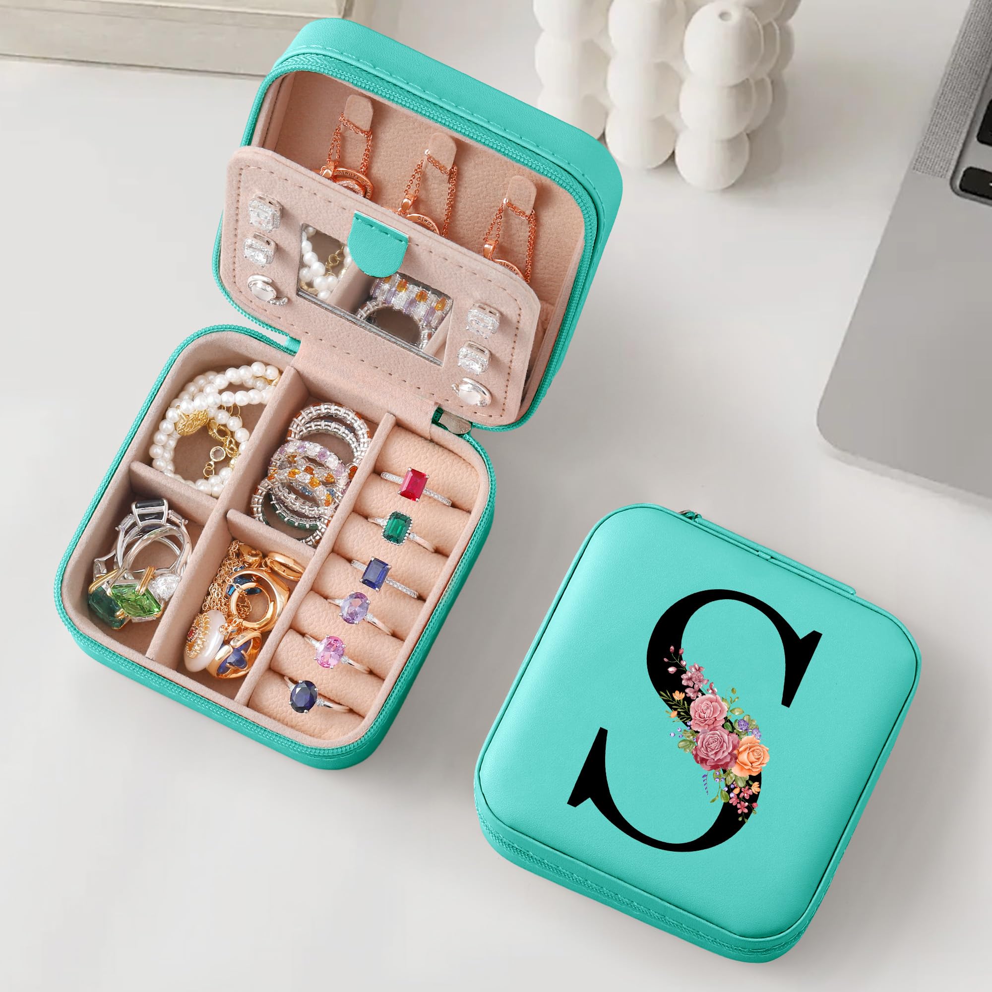Parima Small Travel Jewelry Organizer Box - Personalized Initial Jewelry Case (Letter S, Blue) - Perfect Gift for Women, Mom, Daughter & Friends | Great for Vacations, Business Trips & Weekend Getaways