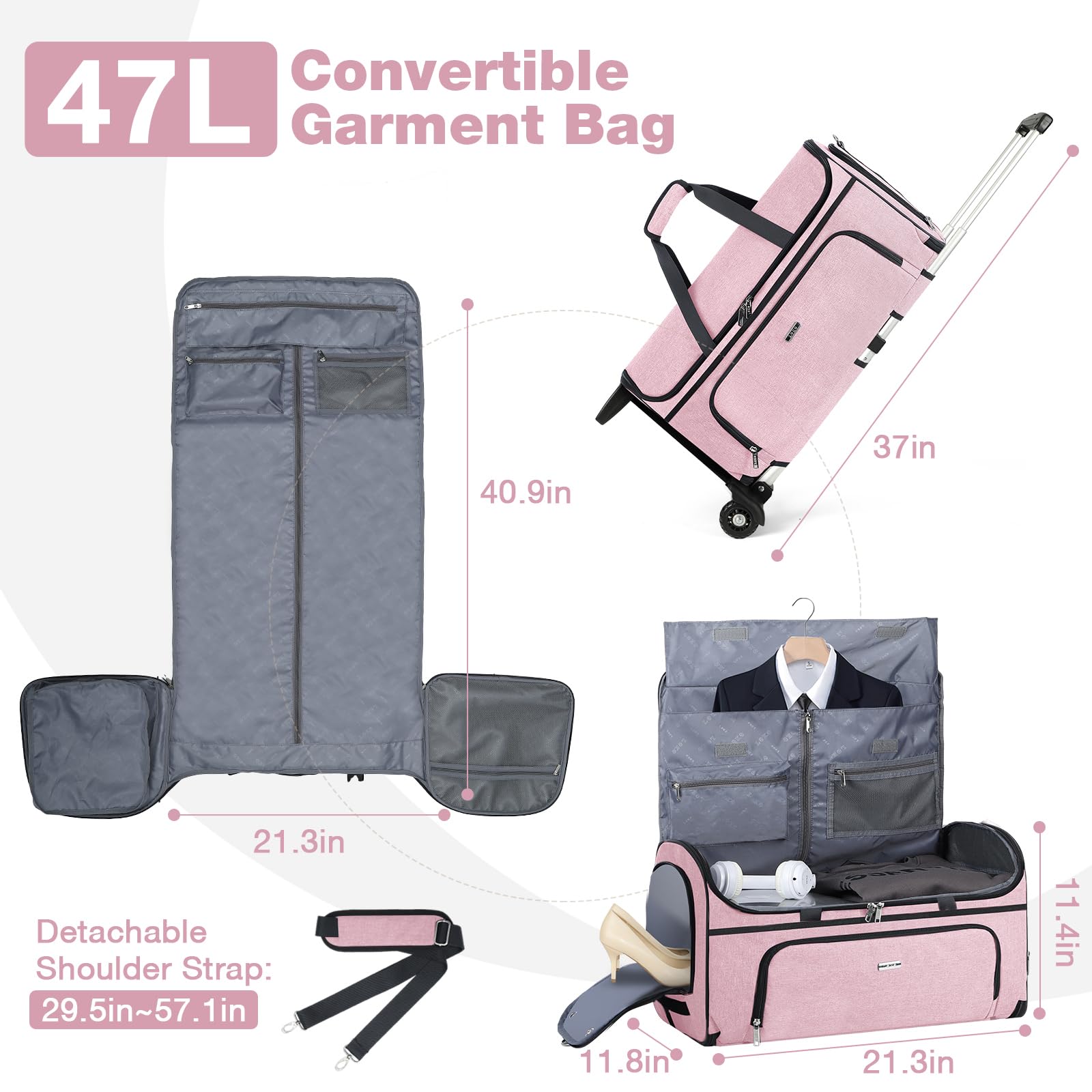 Premium Garment Bags with Wheels - Convertible Weekender Luggage for Travel, Large Duffle Garment Bag for Suits & Dresses (Pink) | Perfect for Business Trips, Weddings & Airplane Carry-On