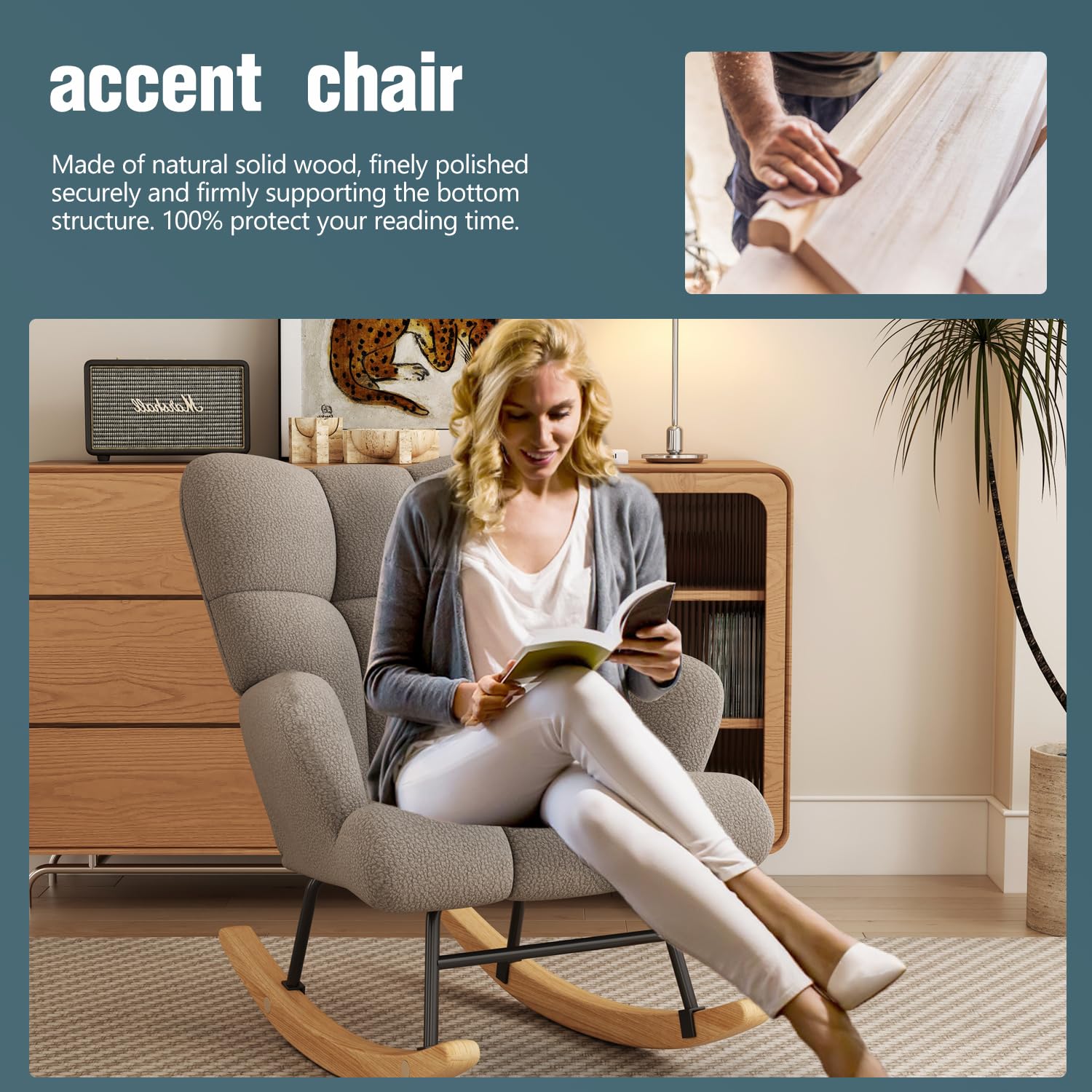 **Comfy Glider Rocking Chair for Nursery - High Backrest Teddy Soft Upholstered Armchair for Reading, Relaxing in Bedroom, Living Room & Home Office (Khaki) - Perfect for Nursing, Lounging & Baby Nursery Decor**