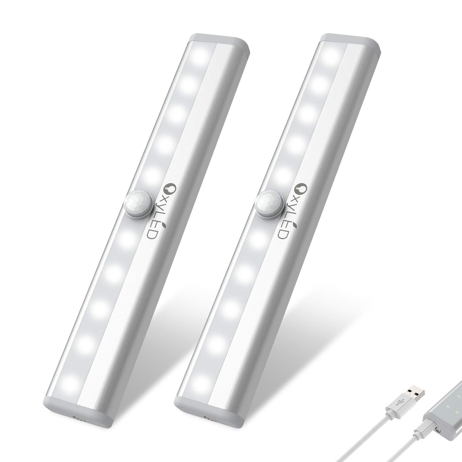 OxyLED USB Rechargeable Under Cabinet Lighting - 10 LED Motion Sensor Night Light Bar, Wireless Magnetic Stick-on Cordless Closet Light for Wardrobe, Stairs, Kitchen (2 Pack) - Perfect for Dark Spaces & Nighttime Safety