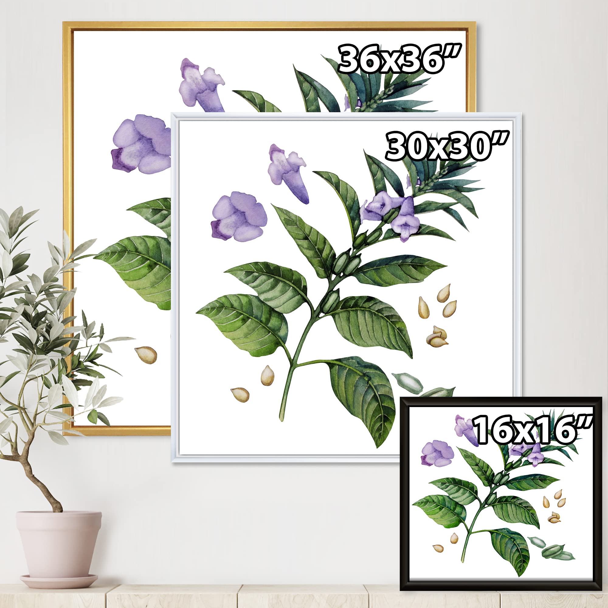 DesignQ Purple Sesame Flowers With Green Leaves - Traditional Framed Canvas Wall Art Print for Home Decor, Living Room, Bedroom & Office | Handmade Floral Painting