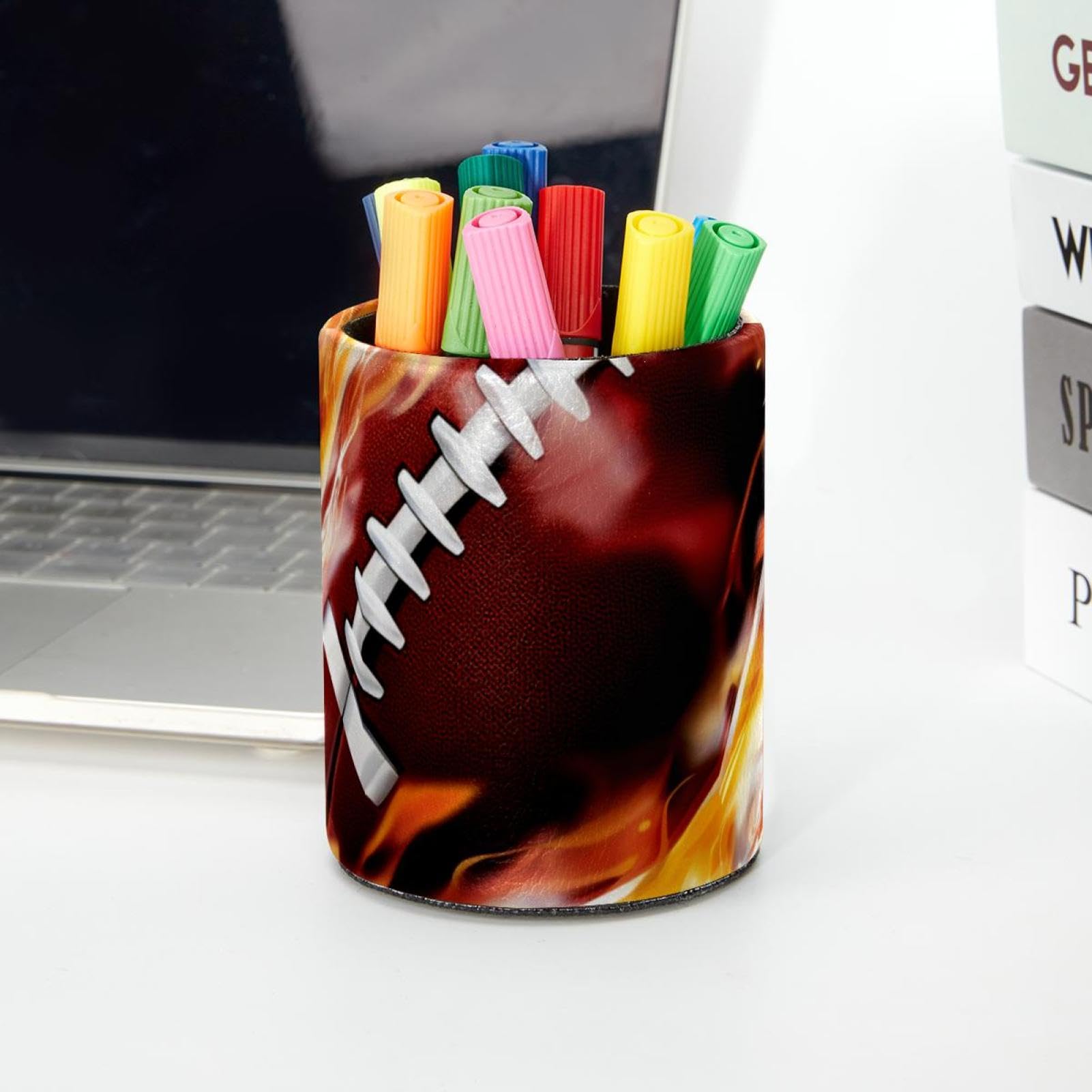Desk Pen Holder & Pencil Organizer - American Football & Fire Design - Office Supplies for Home, School, and Workplace Organization