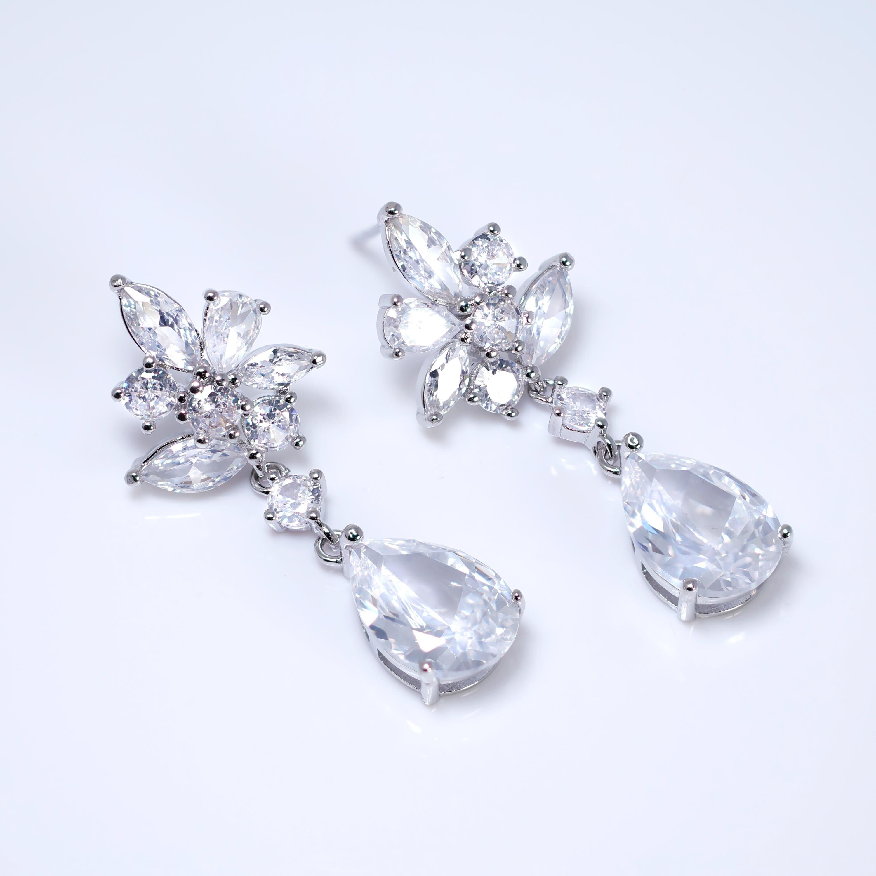 CZ Diamond Whispering Petals Bridal Jewelry Set - Elegant Necklace, Bracelet, Ring & Long Drop Earrings for Weddings, Prom & Special Occasions | Cubic Zirconia Statement Jewelry Collection