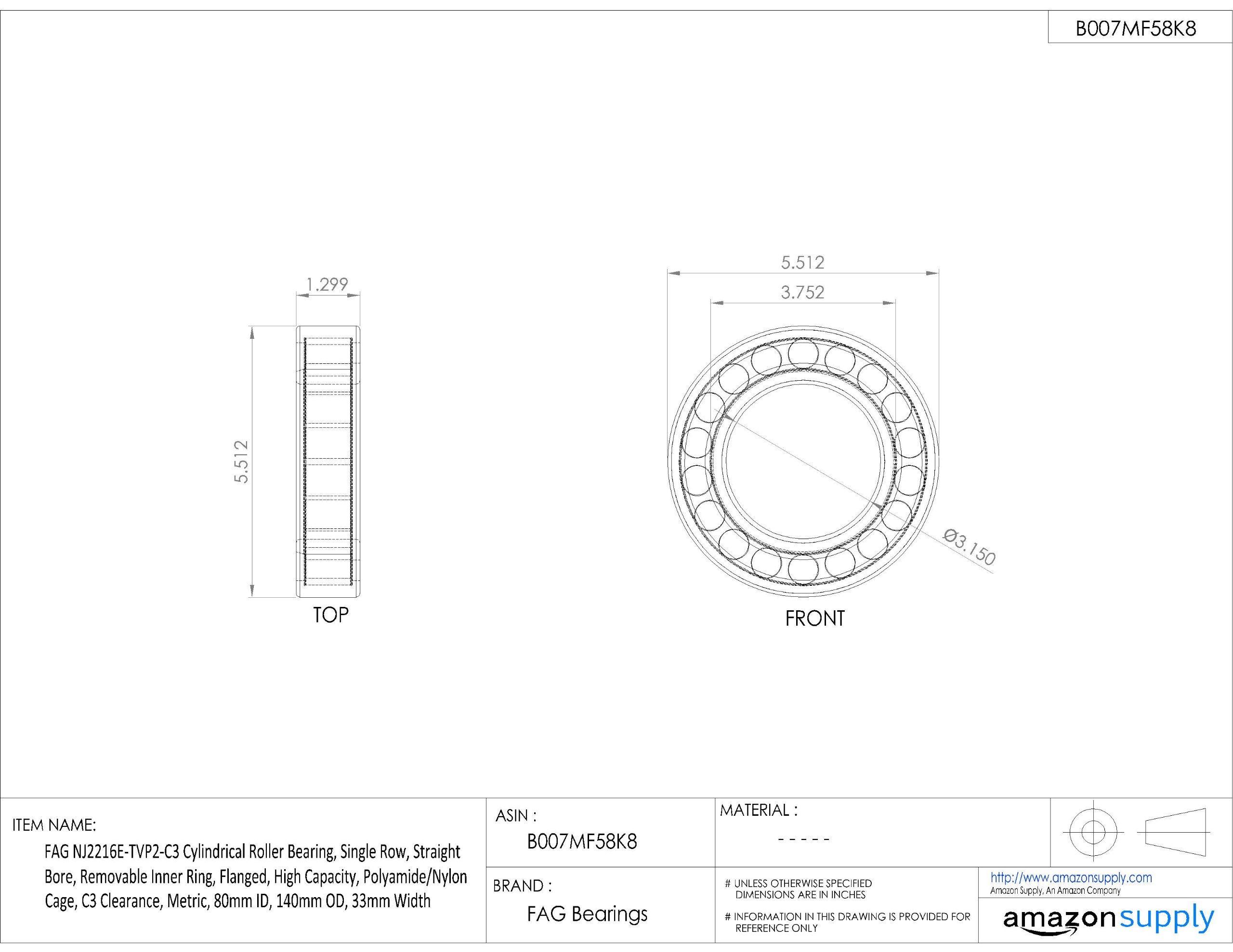 NJ2216E-TVP2-C3 Single Row Cylindrical Roller Bearing - Straight Bore, Removable Inner Ring, Flanged Design, High Load Capacity, Polyamide/Nylon Cage, C3 Clearance (80mm ID x 140mm OD x 33mm Width) - Ideal for Industrial Machinery, Heavy Equipment, and Power Transmission Systems