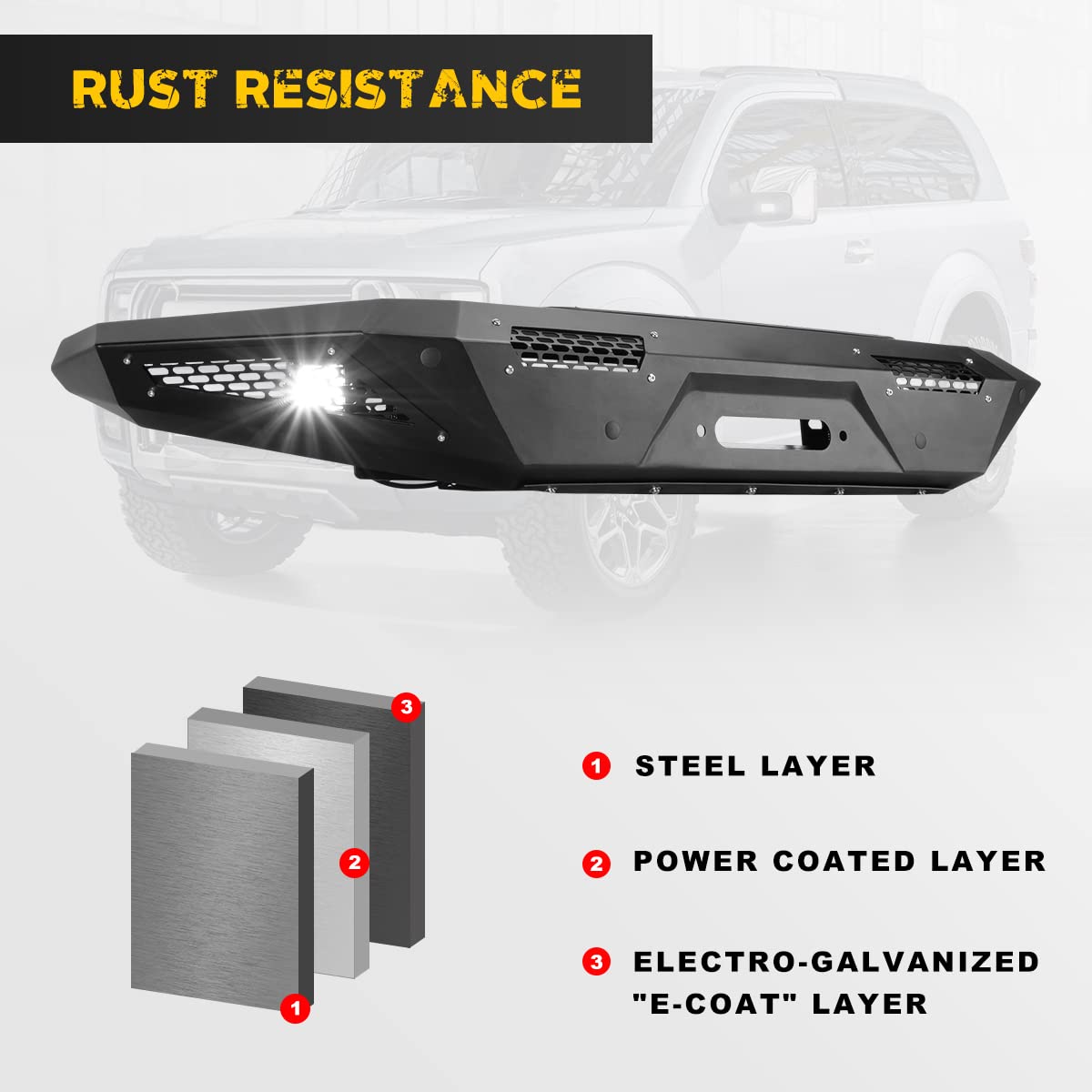Heavy Duty Front Bumper for 2021-2025 Ford Bronco | Off-Road Bumper with 2 LED Lights, Winch Ready & Sensor Holes | Perfect for Rock Crawling, Overlanding & Off-Road Adventures
