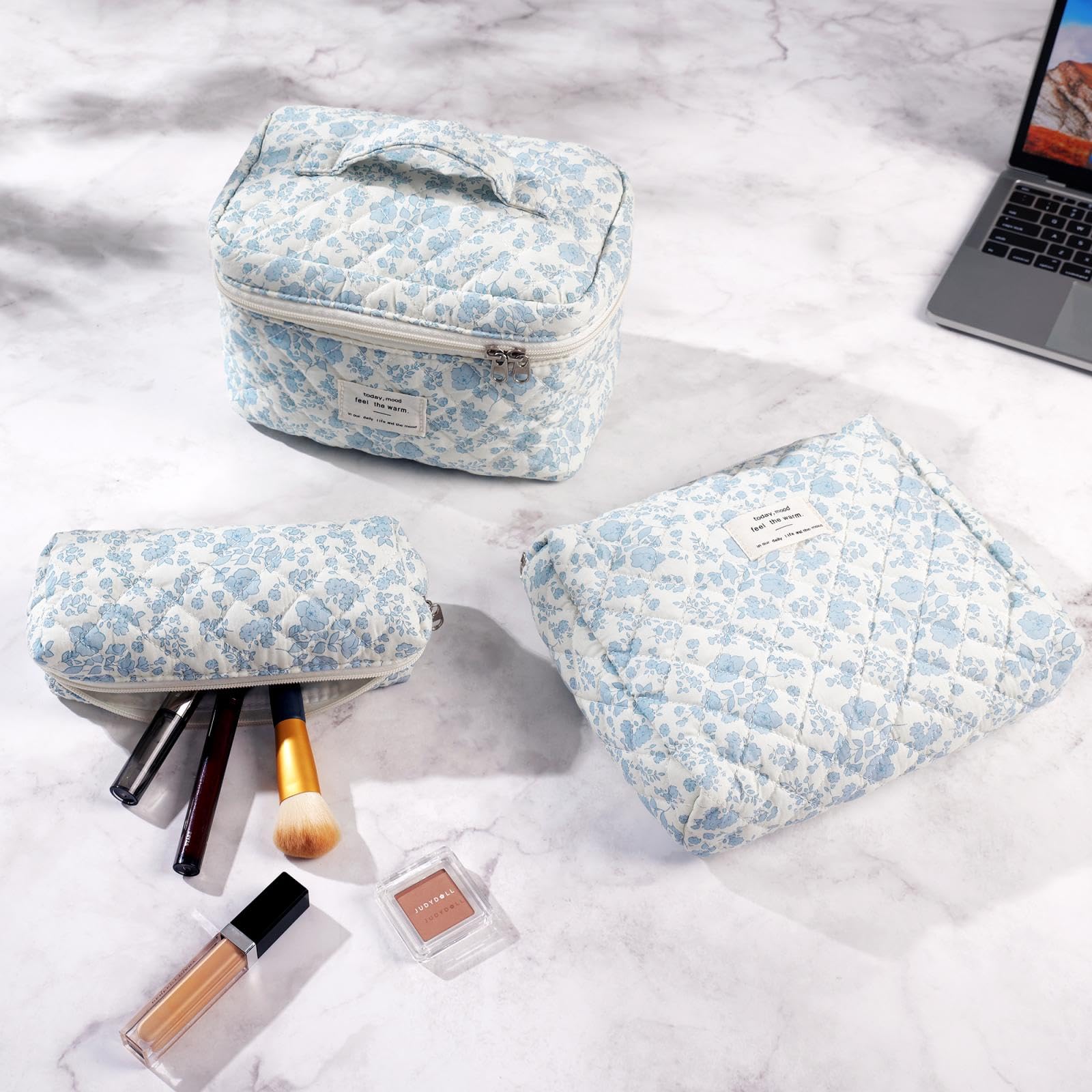 Quilted Makeup Bag Set - 3 Pcs Cotton Floral Cosmetic Organizer for Women | Large Travel Toiletry Bags | Perfect for Vacation, Gym & Daily Essentials Storage
