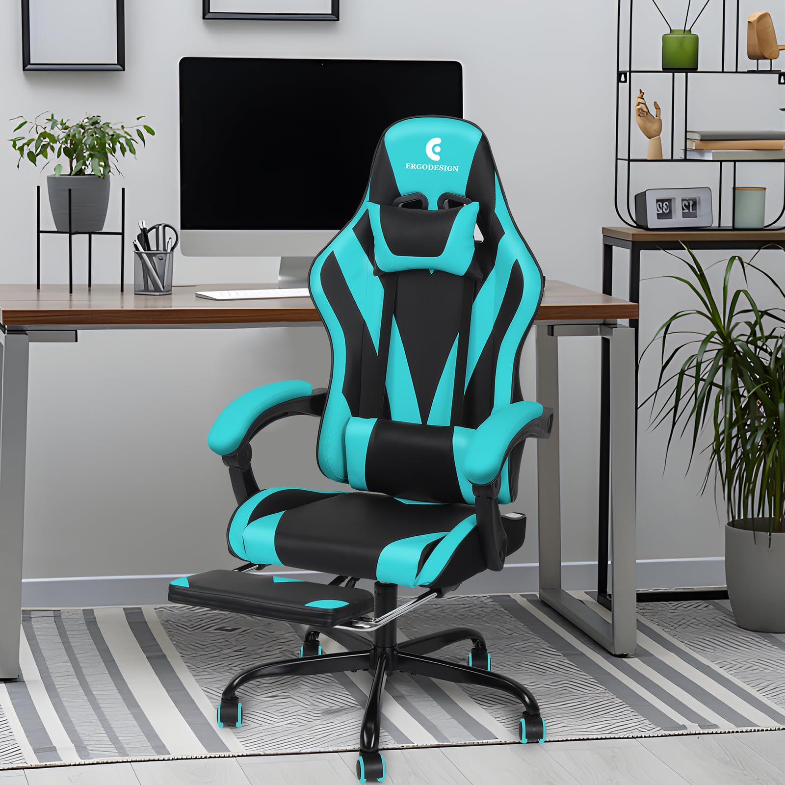 Ergonomic Gaming Chair with Adjustable Linkage Armrest & Retractable Footrest - High Back Racing Style Video Game Chair for PC & Console Gamers - Black & Light Blue - Perfect for Esports, Streaming & Long Gaming Sessions