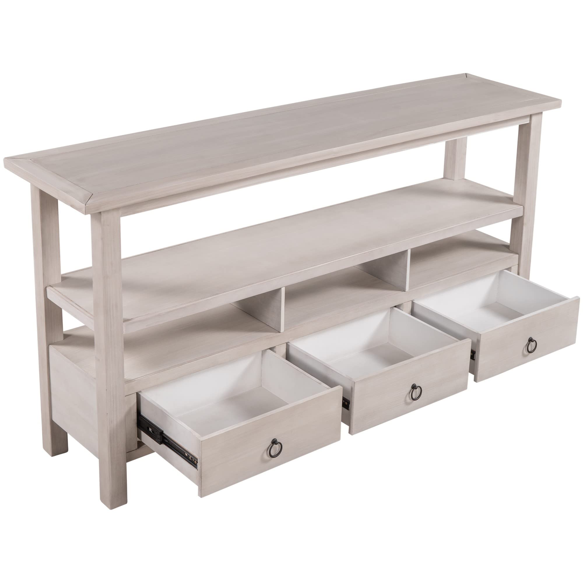 Rustic Solid Wood Console Table with Double-Tier Tabletop & 3 Drawers - Gray Wash Finish for Living Room Entryway, Hallway & Home Decor